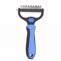 Pet deshedding brush and fur knot cutter in blue, front view