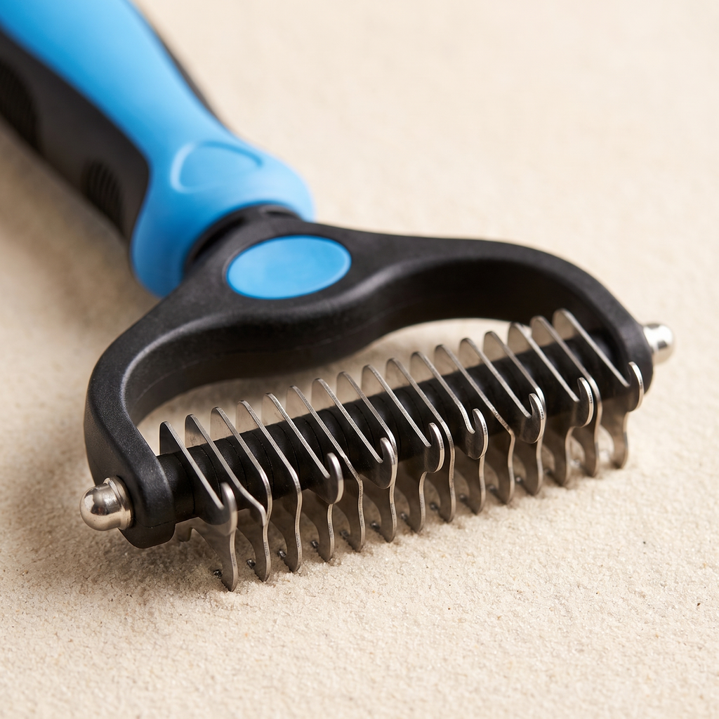 Close up of the stainless steel teeth on the pet deshedding brush