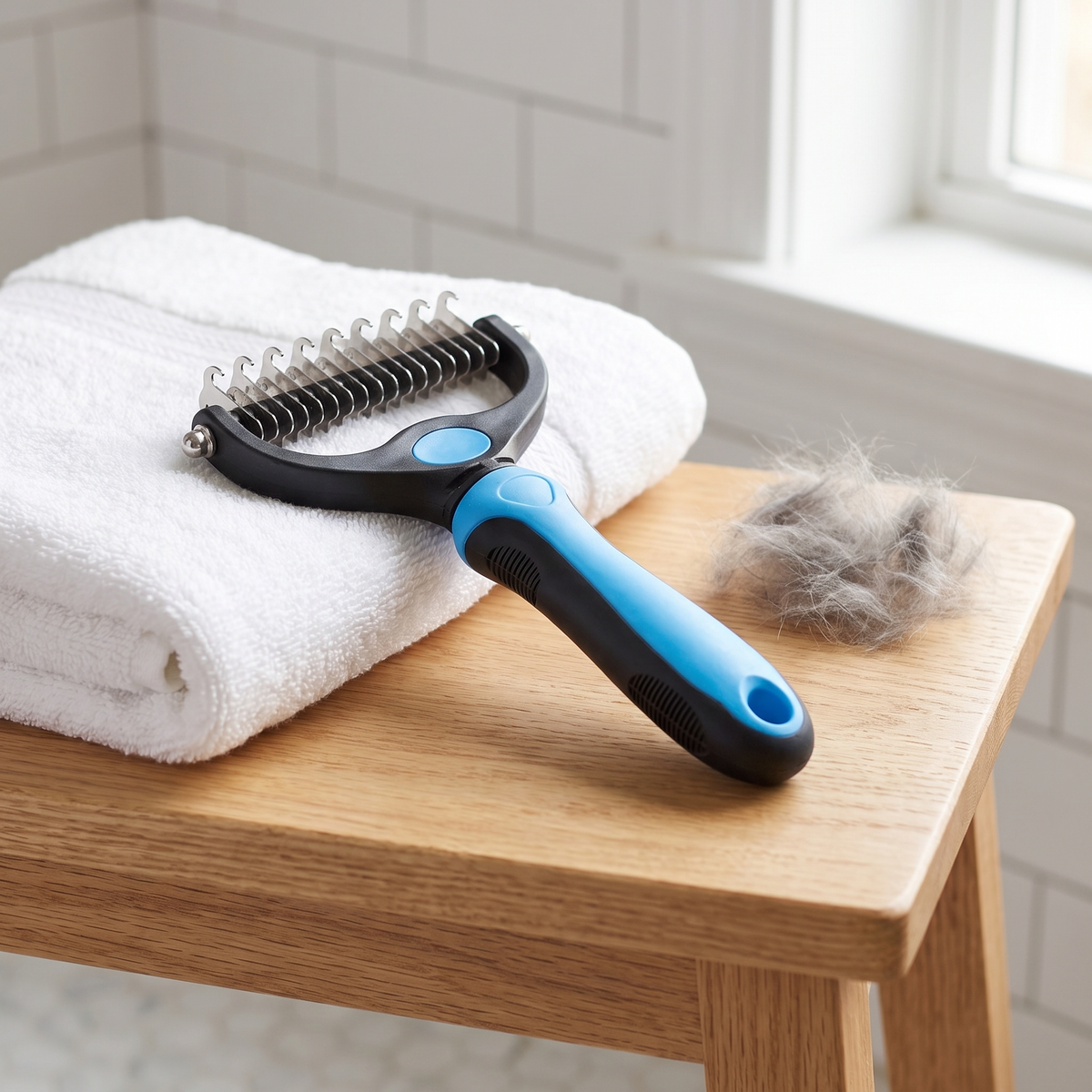 Pet deshedding brush on a bathroom bench with removed fur