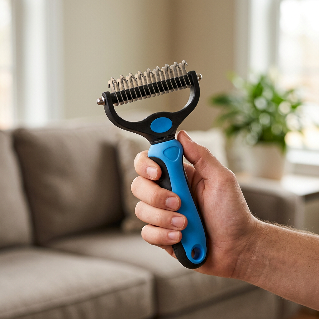 Pet deshedding brush held in a hand showing the grip