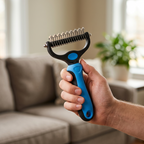 Pet deshedding brush held in a hand showing the grip