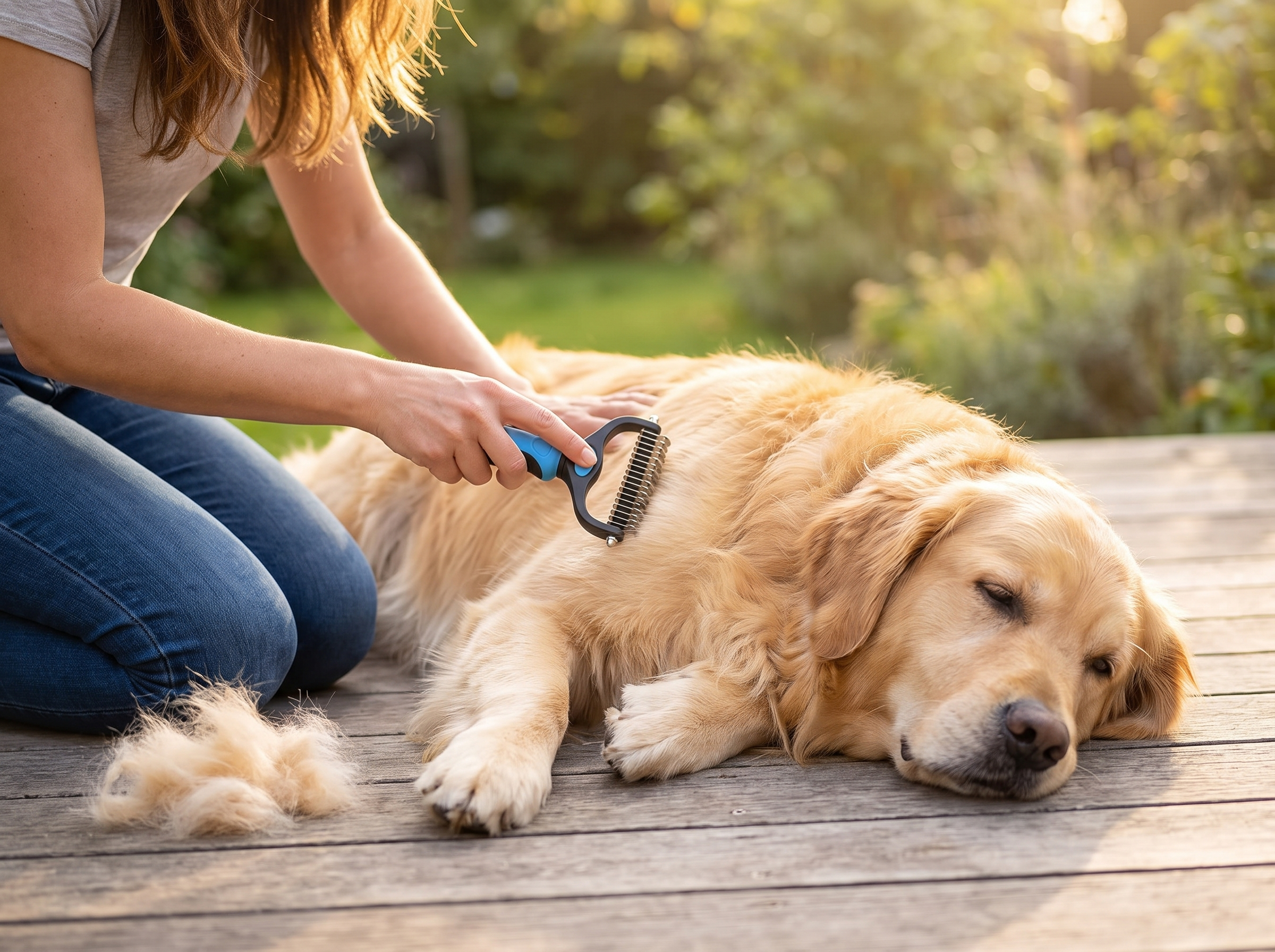 Woman brushing a golden retriever on a deck with the pet deshedding brush
