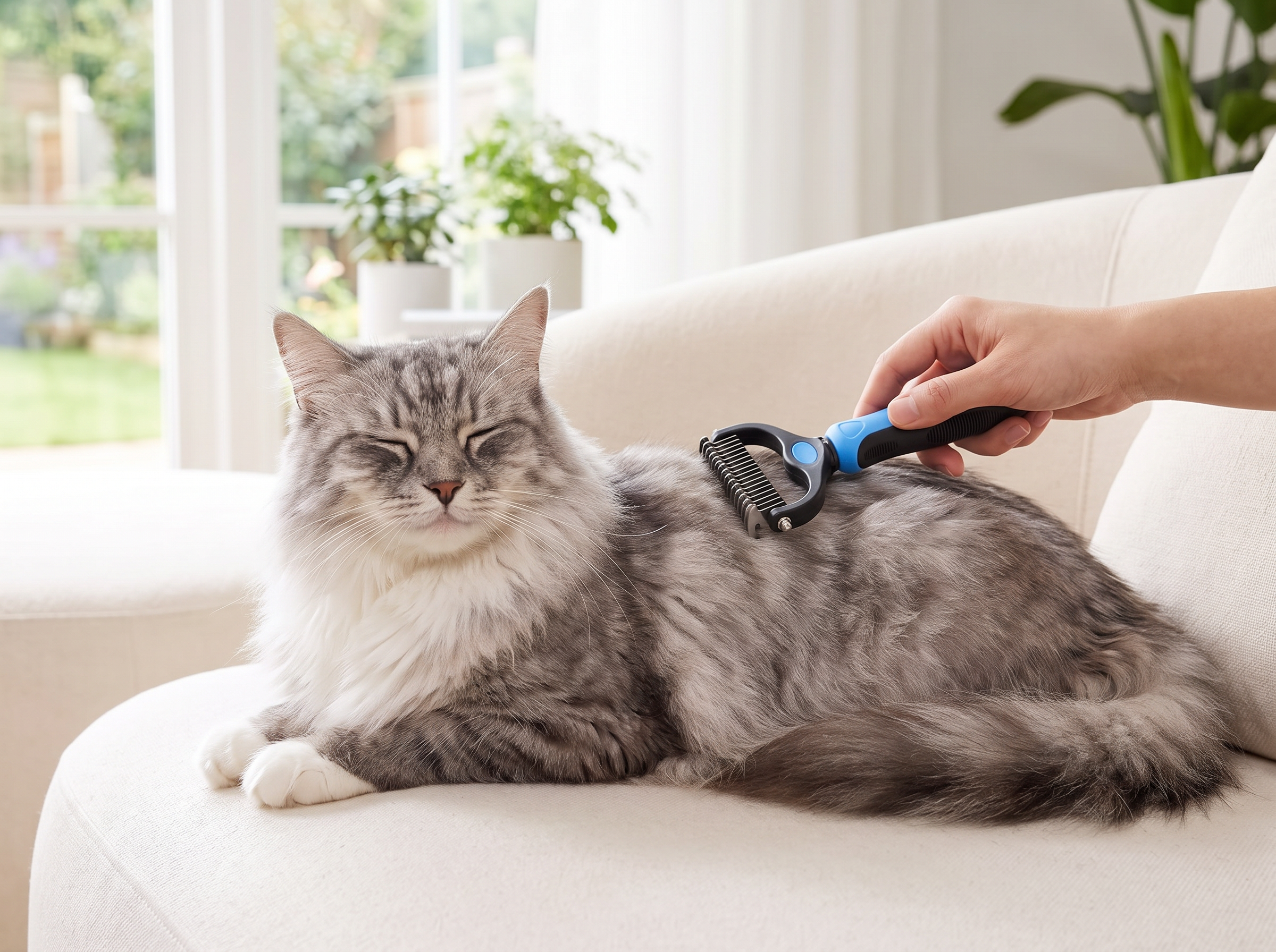 Long haired cat being groomed on a sofa with the pet deshedding brush