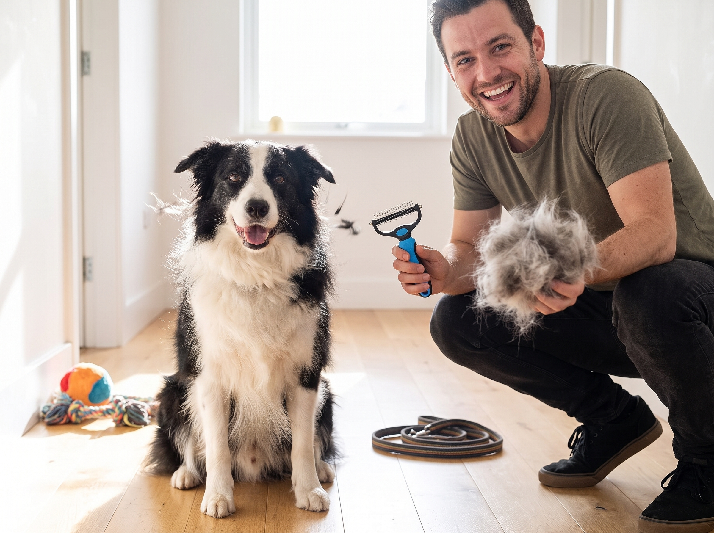 Owner holding the pet deshedding brush and a ball of removed fur beside a border collie