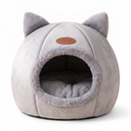 Cosy Enclosed Cat Cave Bed in grey plush, front view