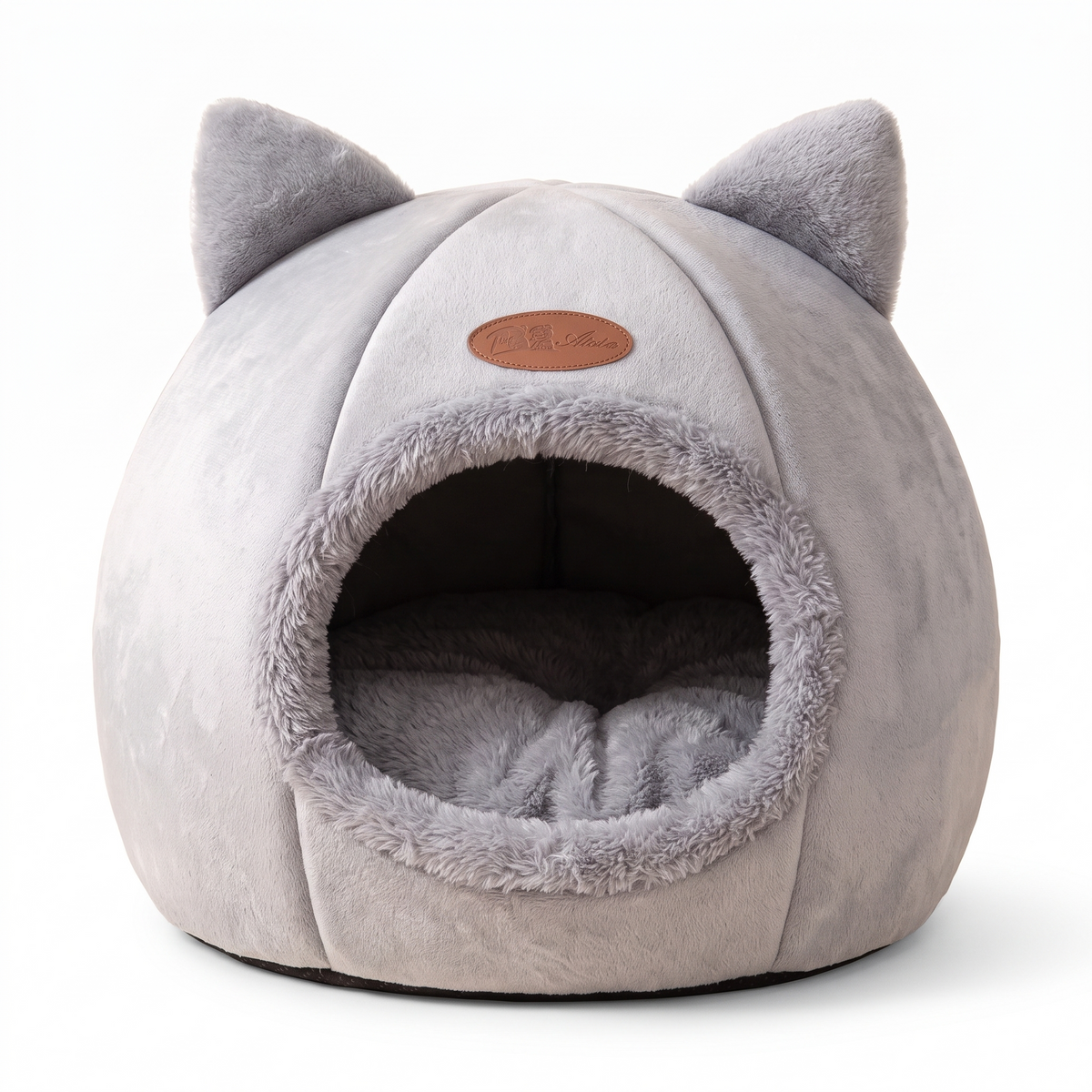 Cosy Enclosed Cat Cave Bed in grey plush, front view