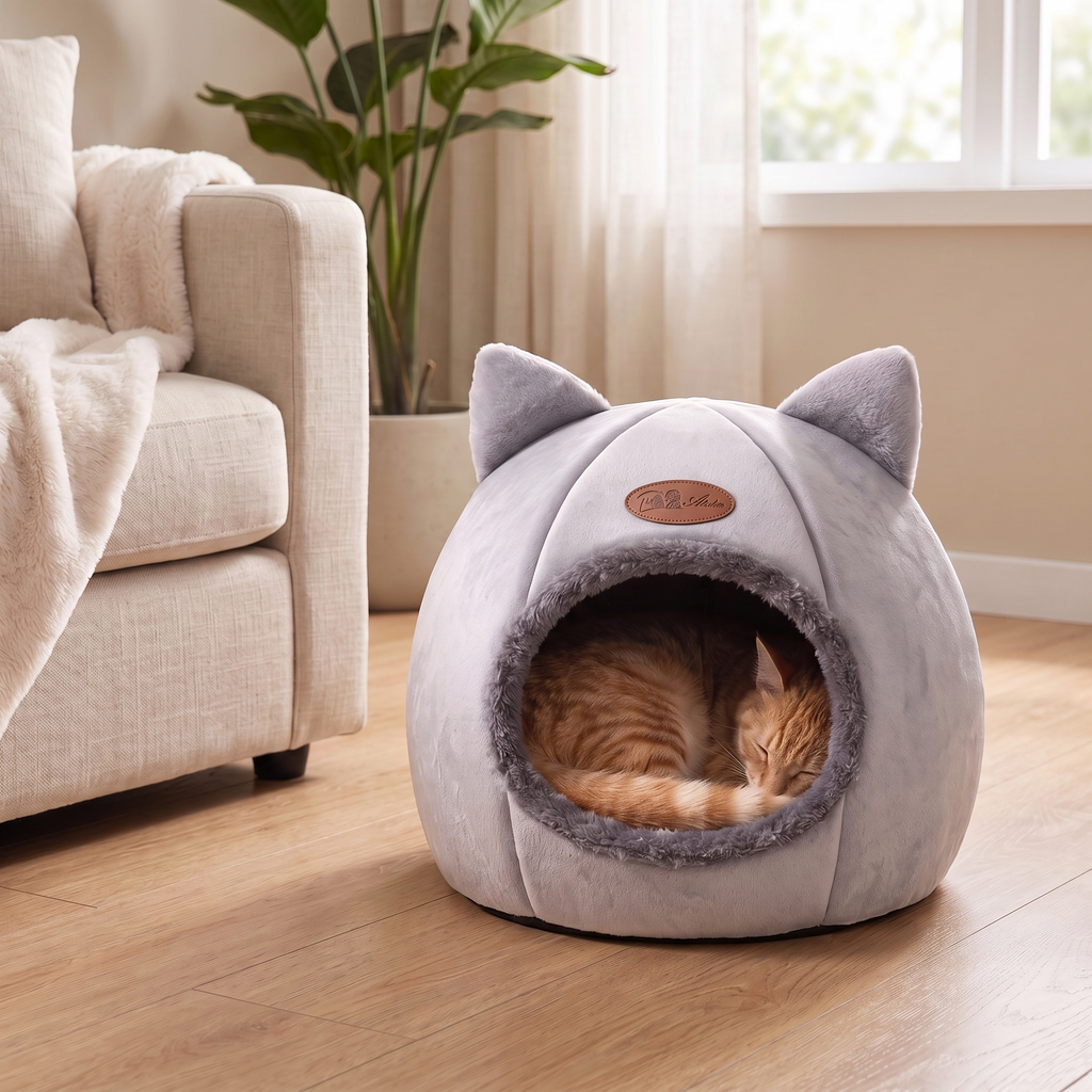 Ginger cat asleep inside the Cosy Enclosed Cat Cave Bed in a lounge