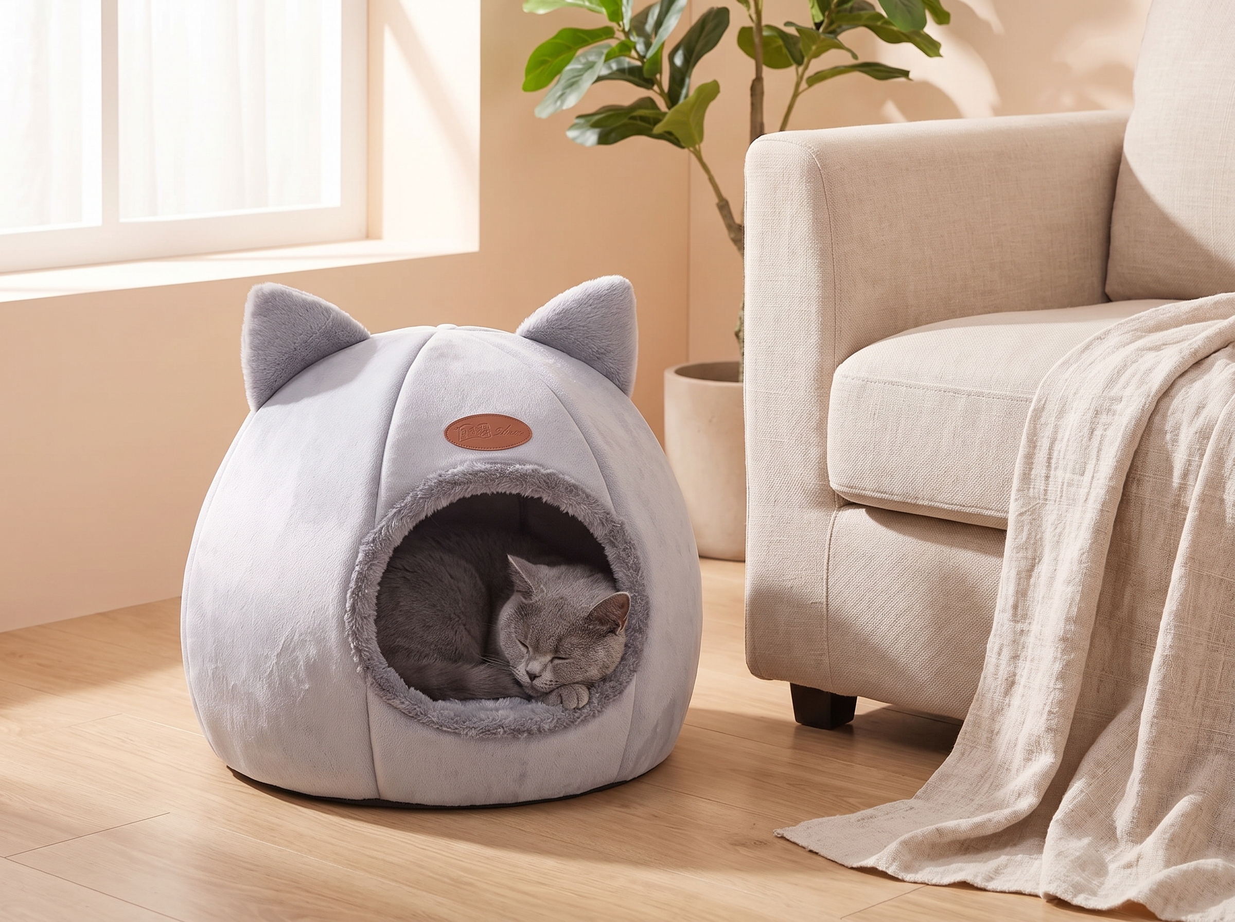 Grey cat asleep inside the Cosy Enclosed Cat Cave Bed beside a sofa