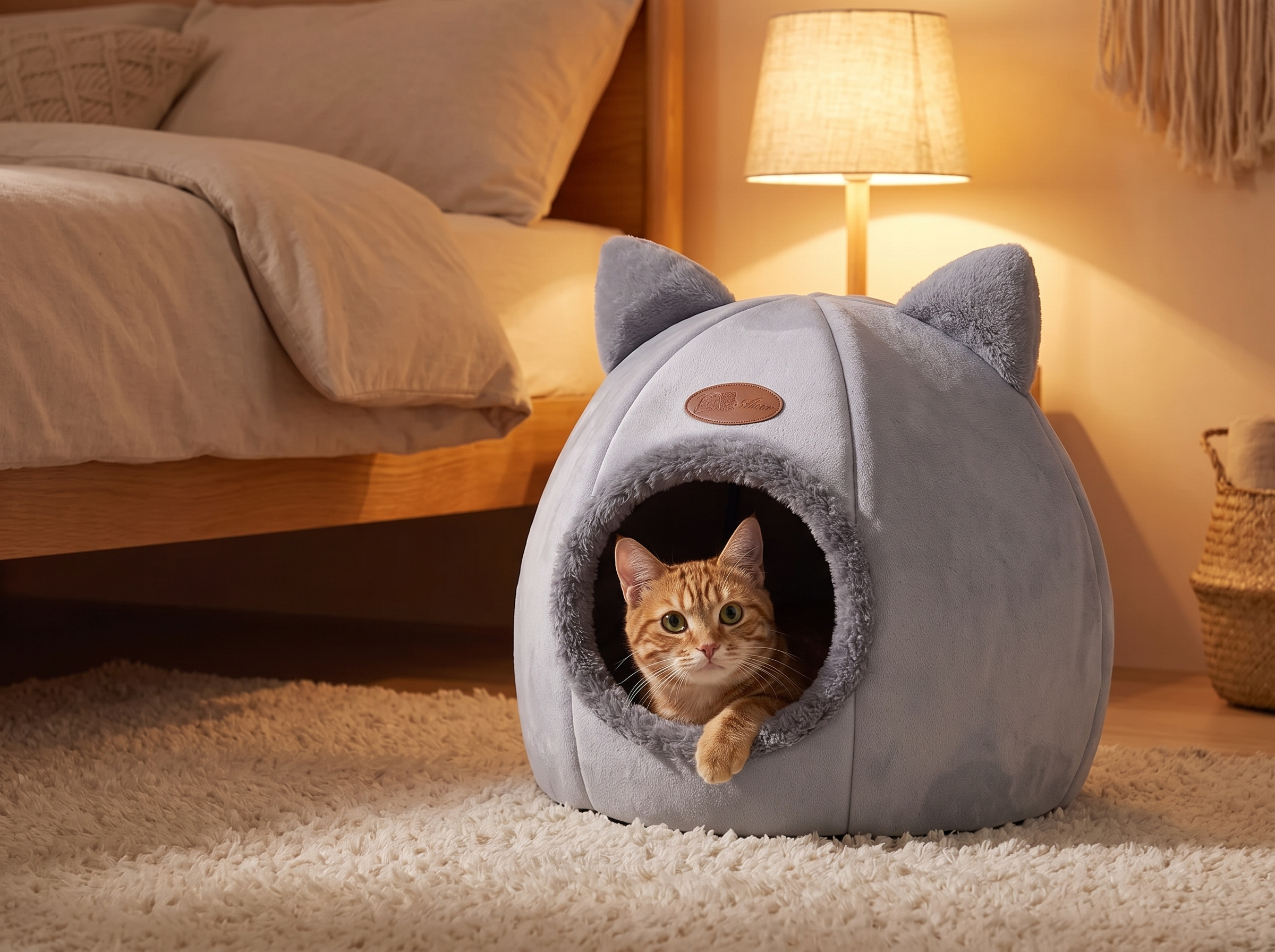 Tabby cat peeking out of the Cosy Enclosed Cat Cave Bed in a bedroom