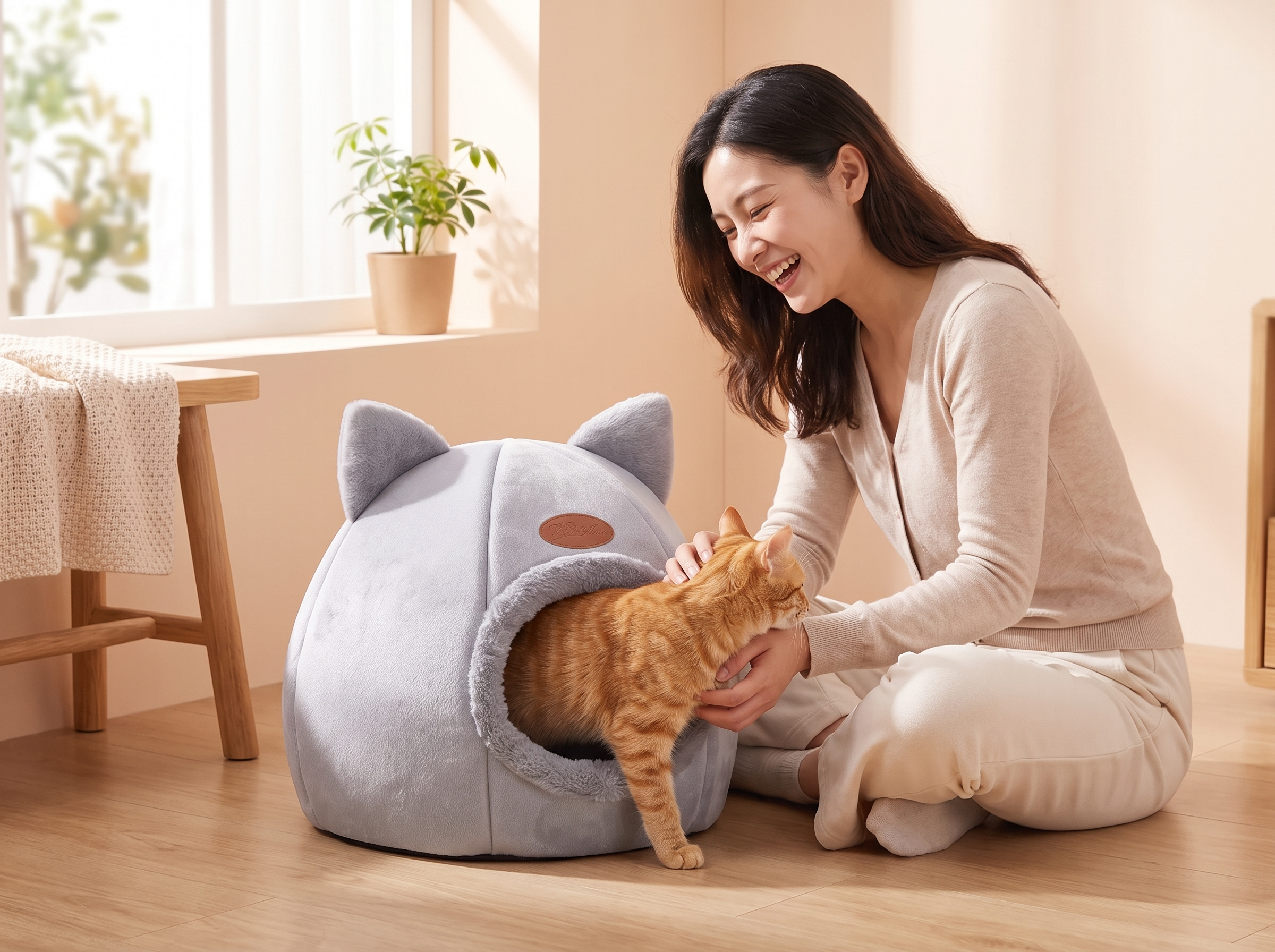 Owner sitting on the floor as a ginger cat steps into the Cosy Enclosed Cat Cave Bed