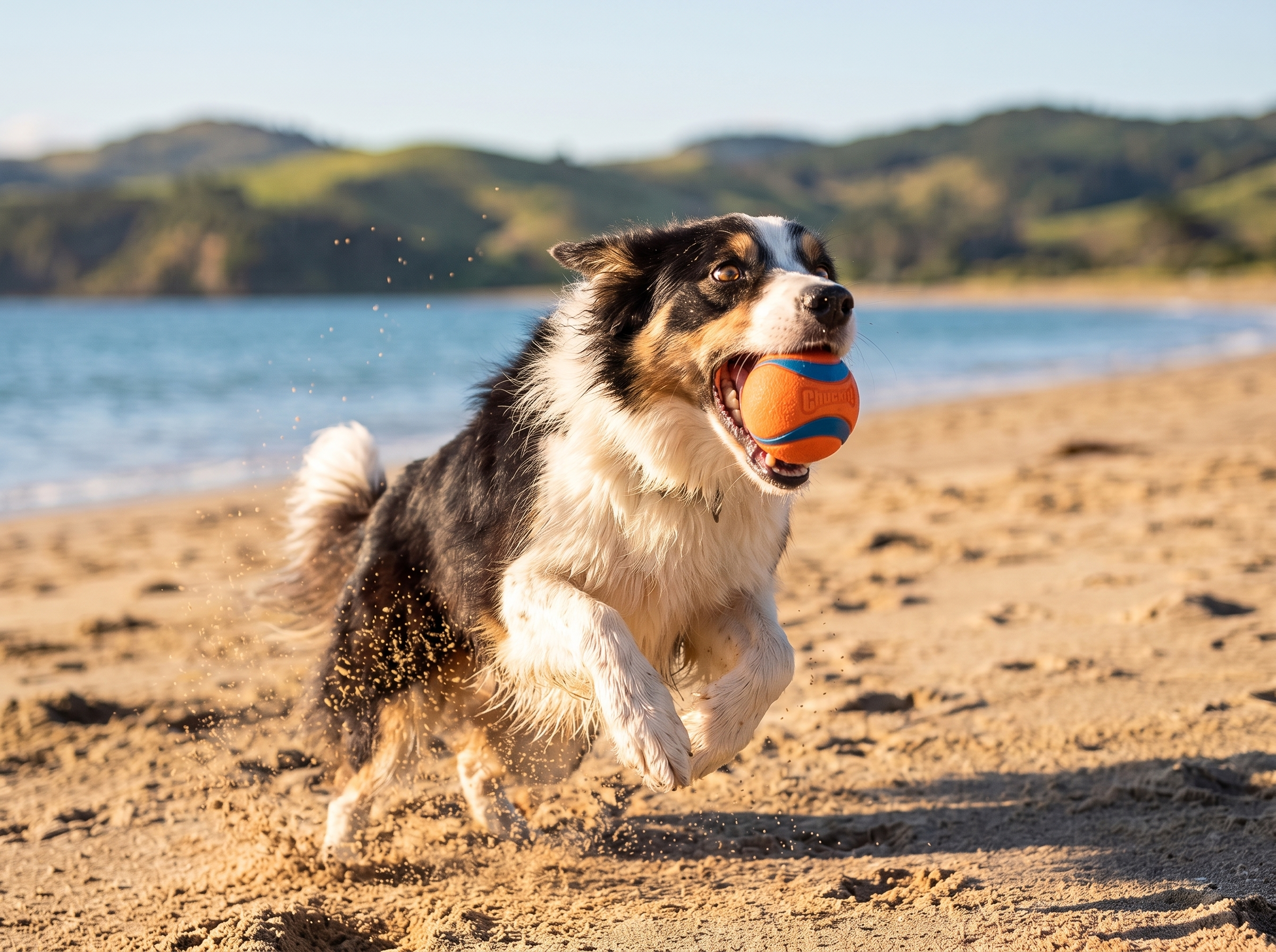 Border collie catching a Chuckit! Ultra Ball on a New Zealand beach