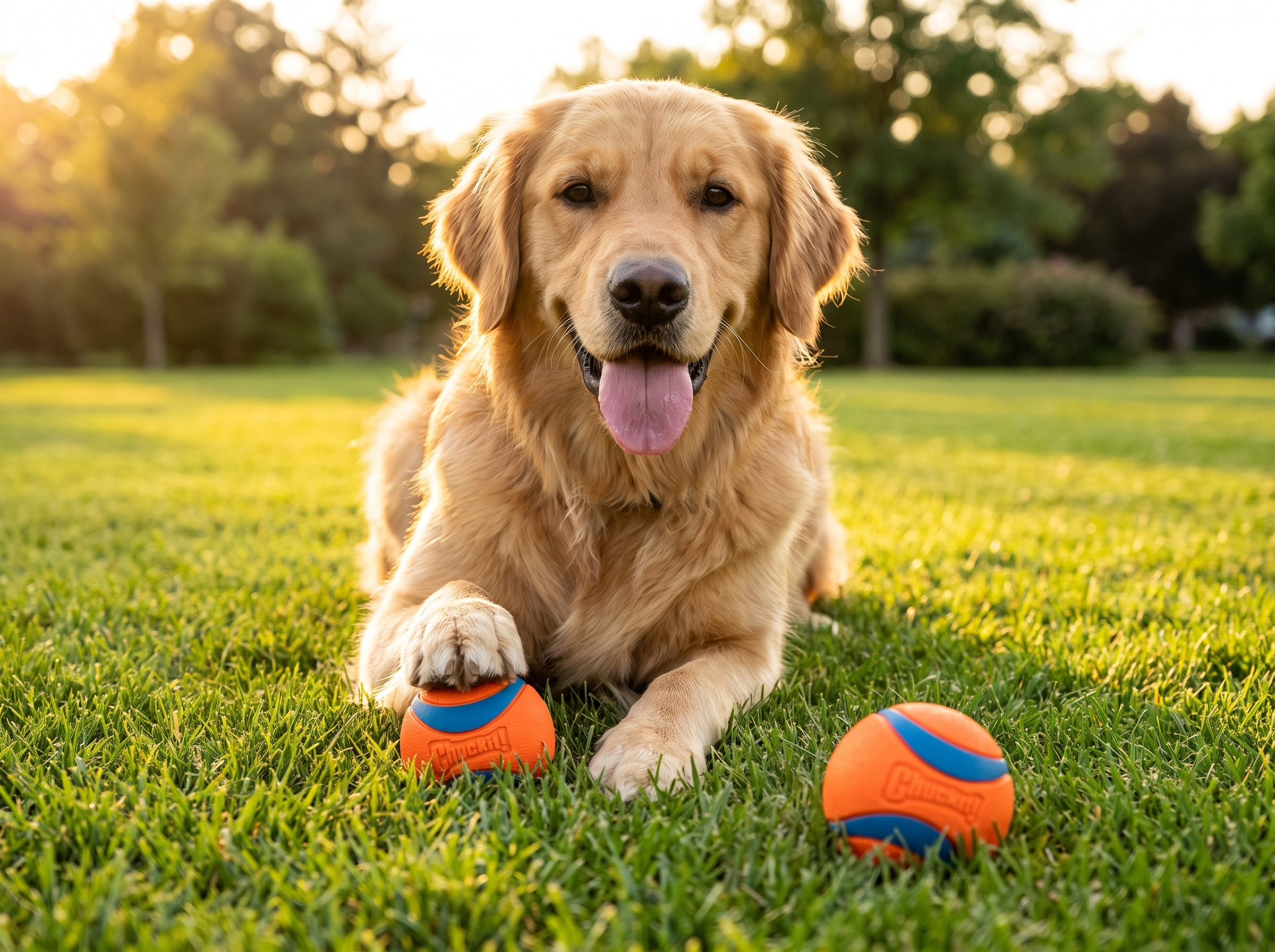 Golden retriever holding a Chuckit! Ultra Ball on a park lawn with a second ball beside it