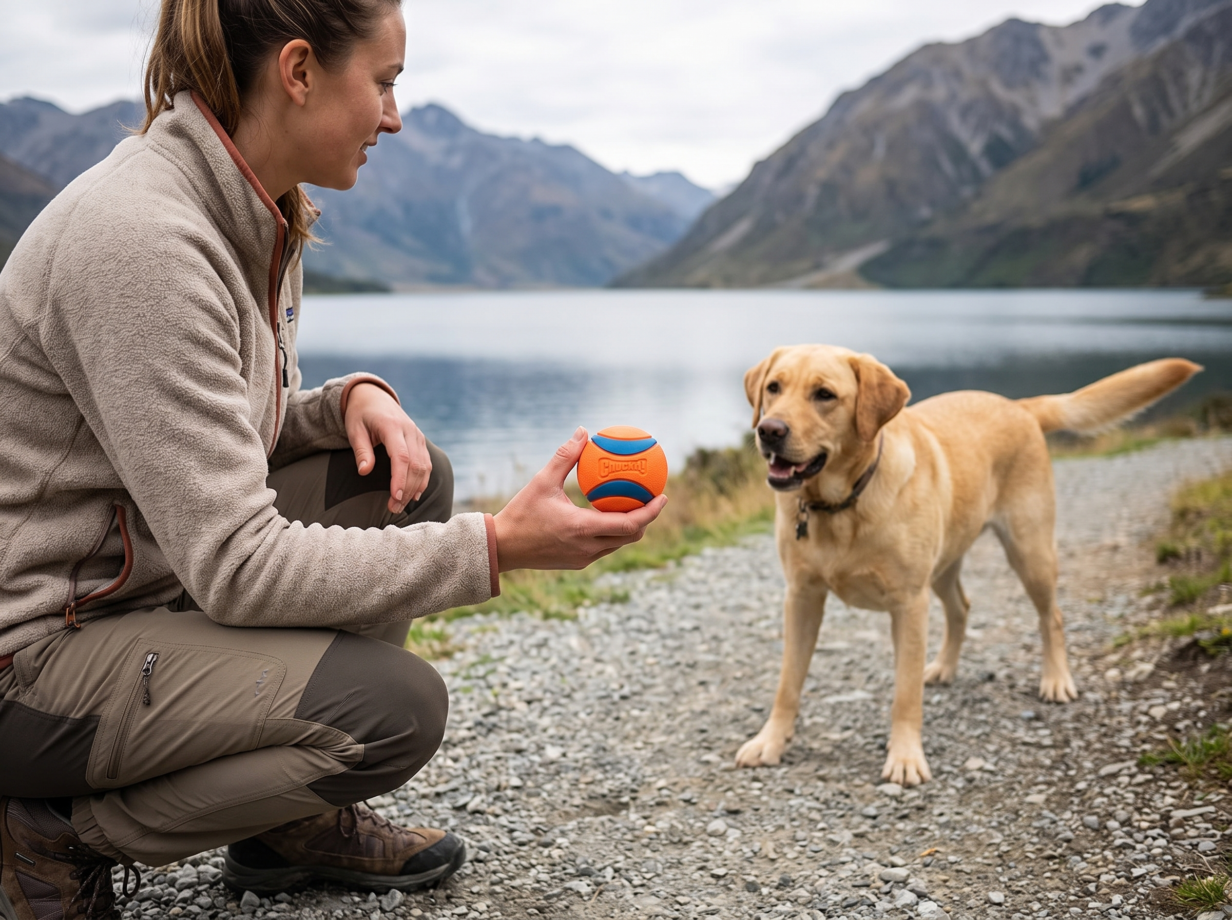 Owner about to throw a Chuckit! Ultra Ball for a labrador on a lakeside trail