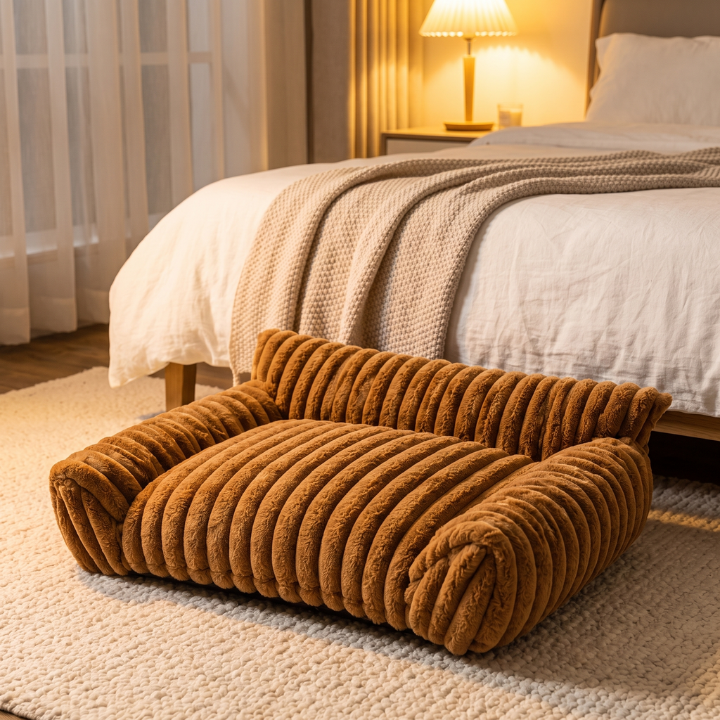 Fluffy Cloud Pet Sofa Bed on a rug beside a bed