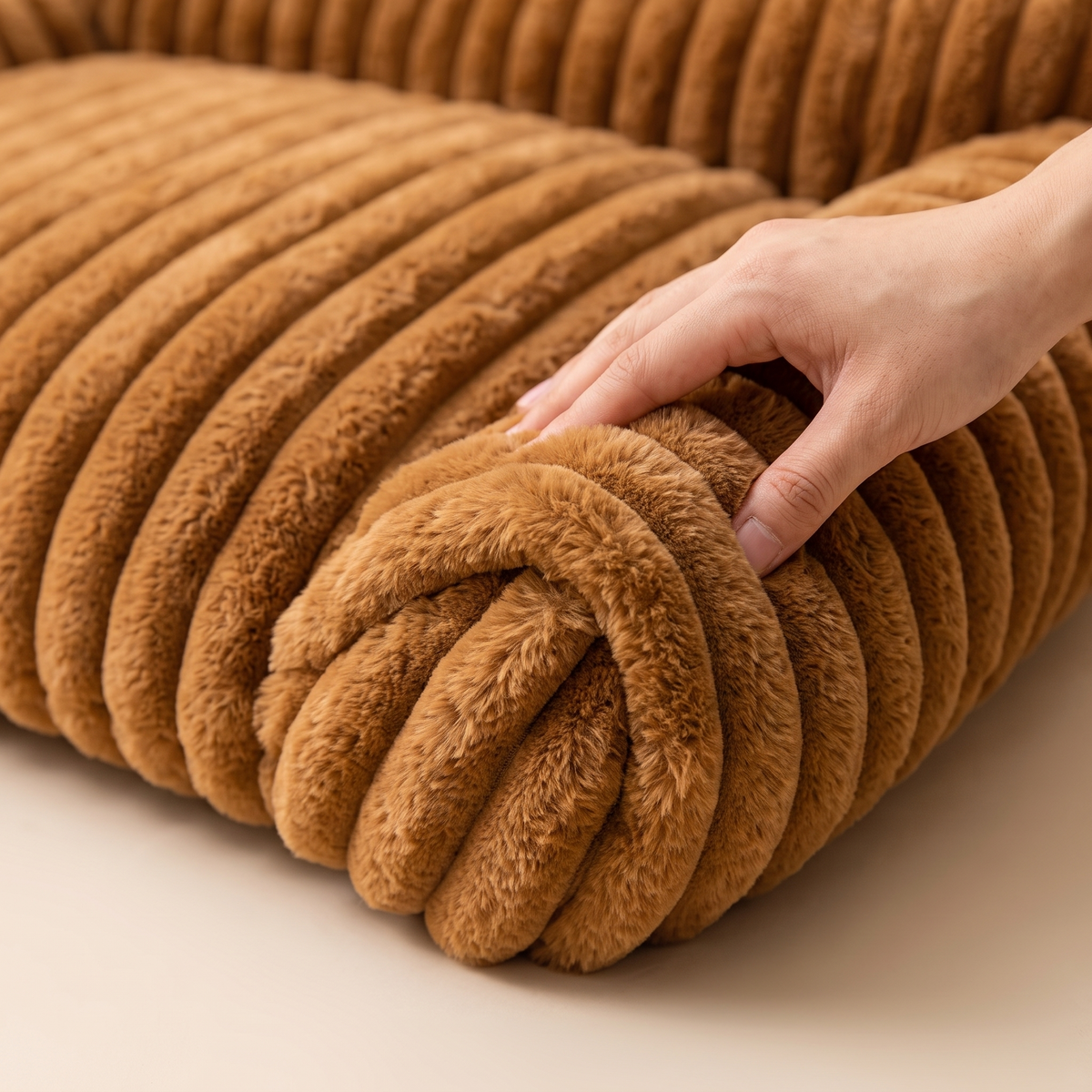 Close up of the chunky ribbed faux fur on the Fluffy Cloud Pet Sofa Bed