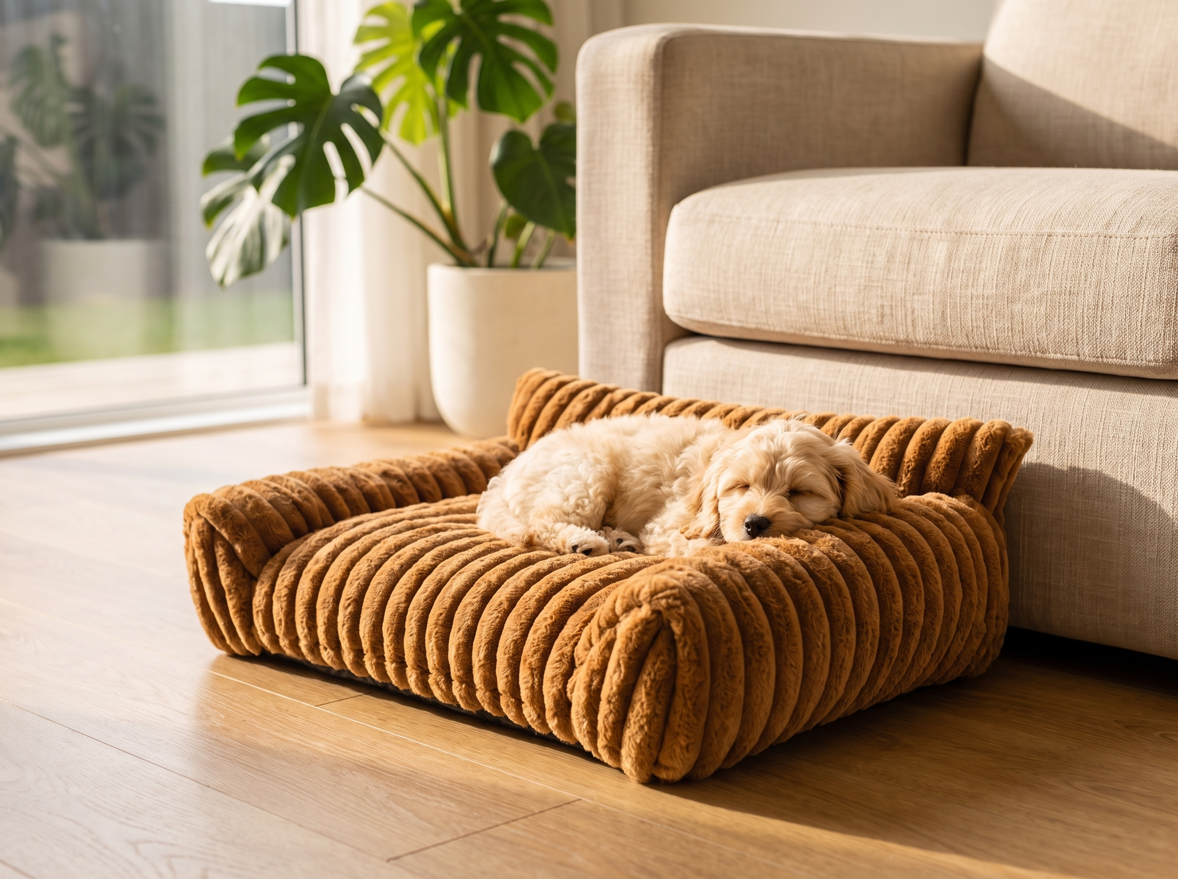 Cavoodle puppy asleep in the Fluffy Cloud Pet Sofa Bed beside a sofa