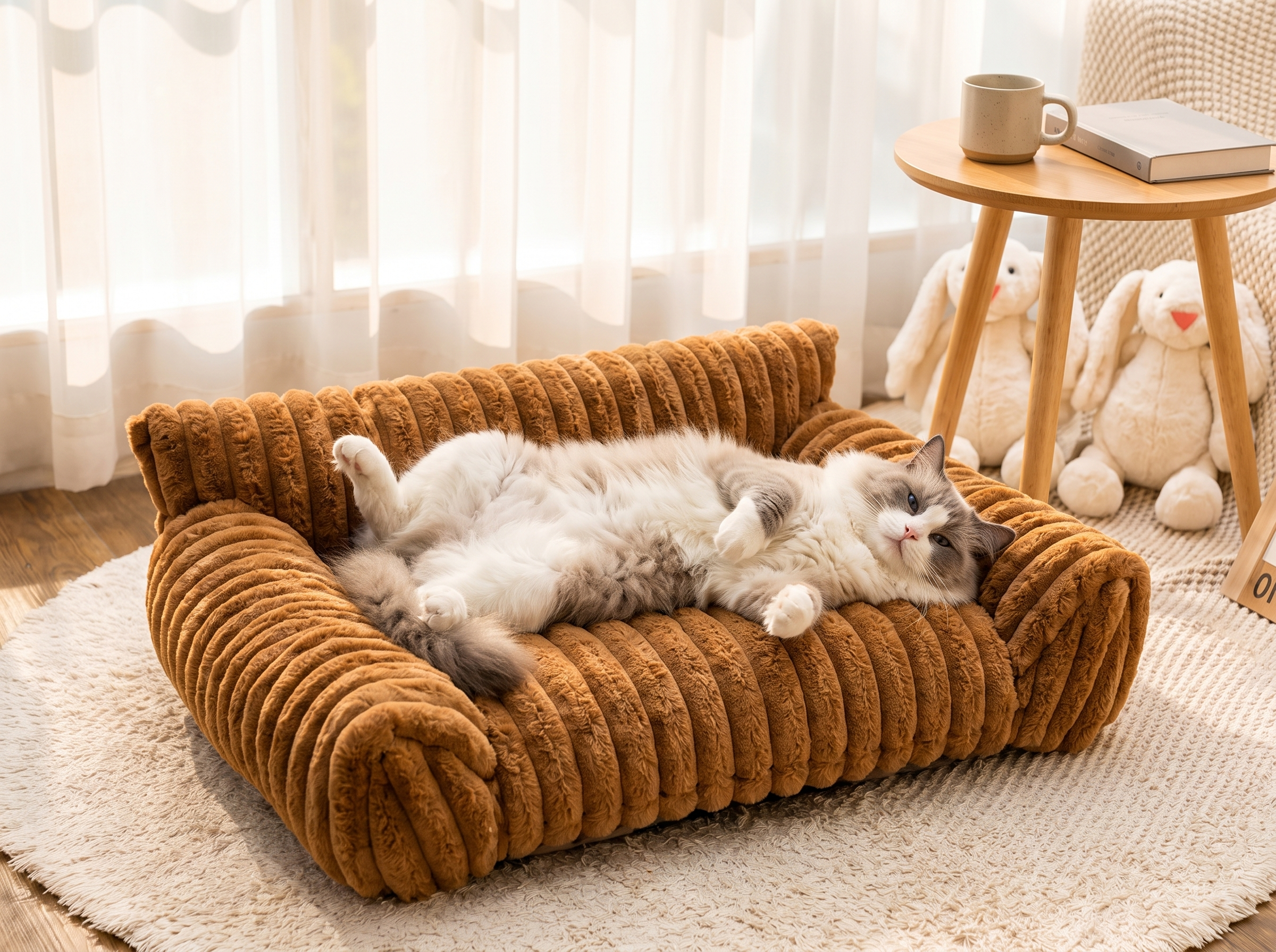 Ragdoll cat lounging on its back in the Fluffy Cloud Pet Sofa Bed by a sunny window