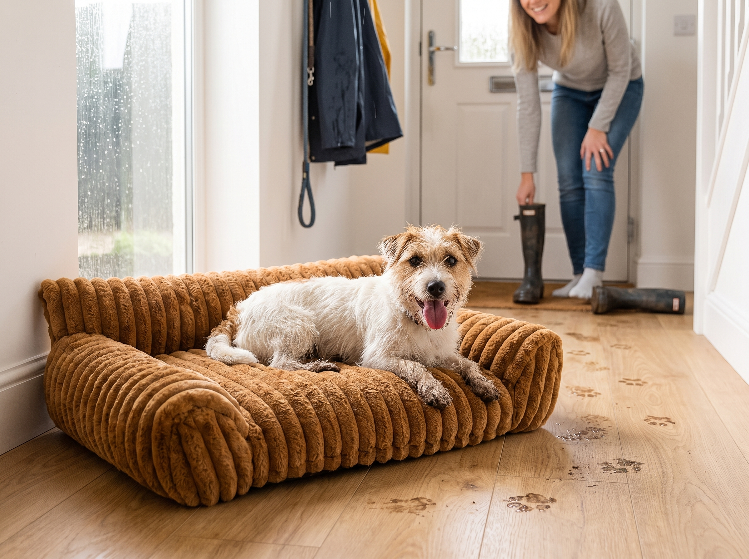 Terrier with muddy paws settling into the Fluffy Cloud Pet Sofa Bed after a rainy walk