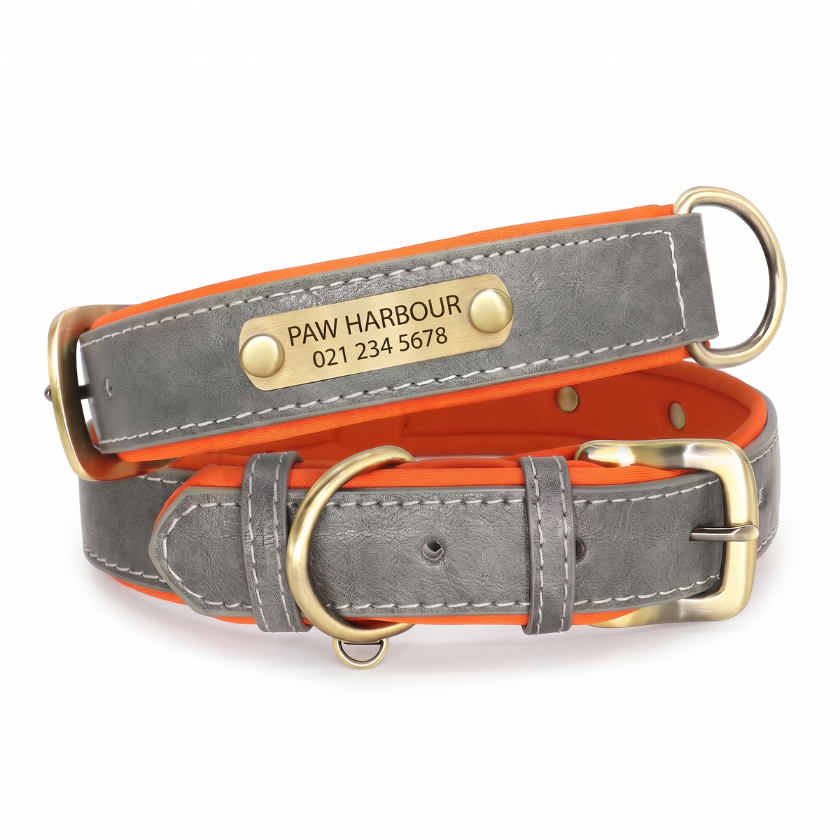Personalised padded leather dog collar in grey with engraved nameplate