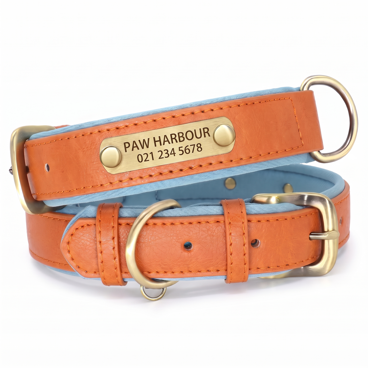 Personalised padded leather dog collar in orange with engraved nameplate
