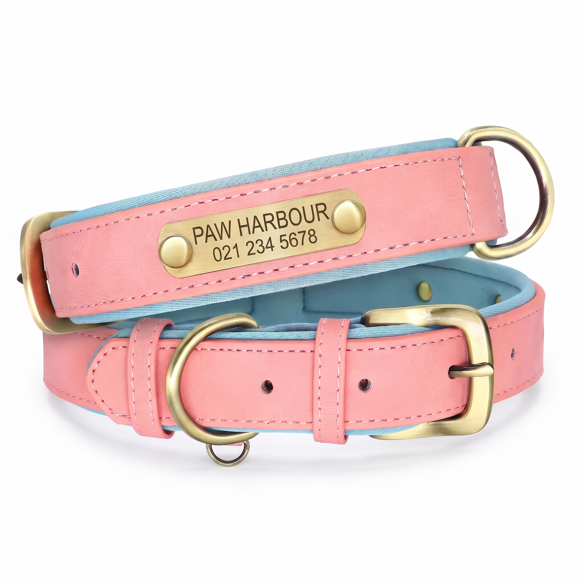 Personalised padded leather dog collar in pink with engraved nameplate