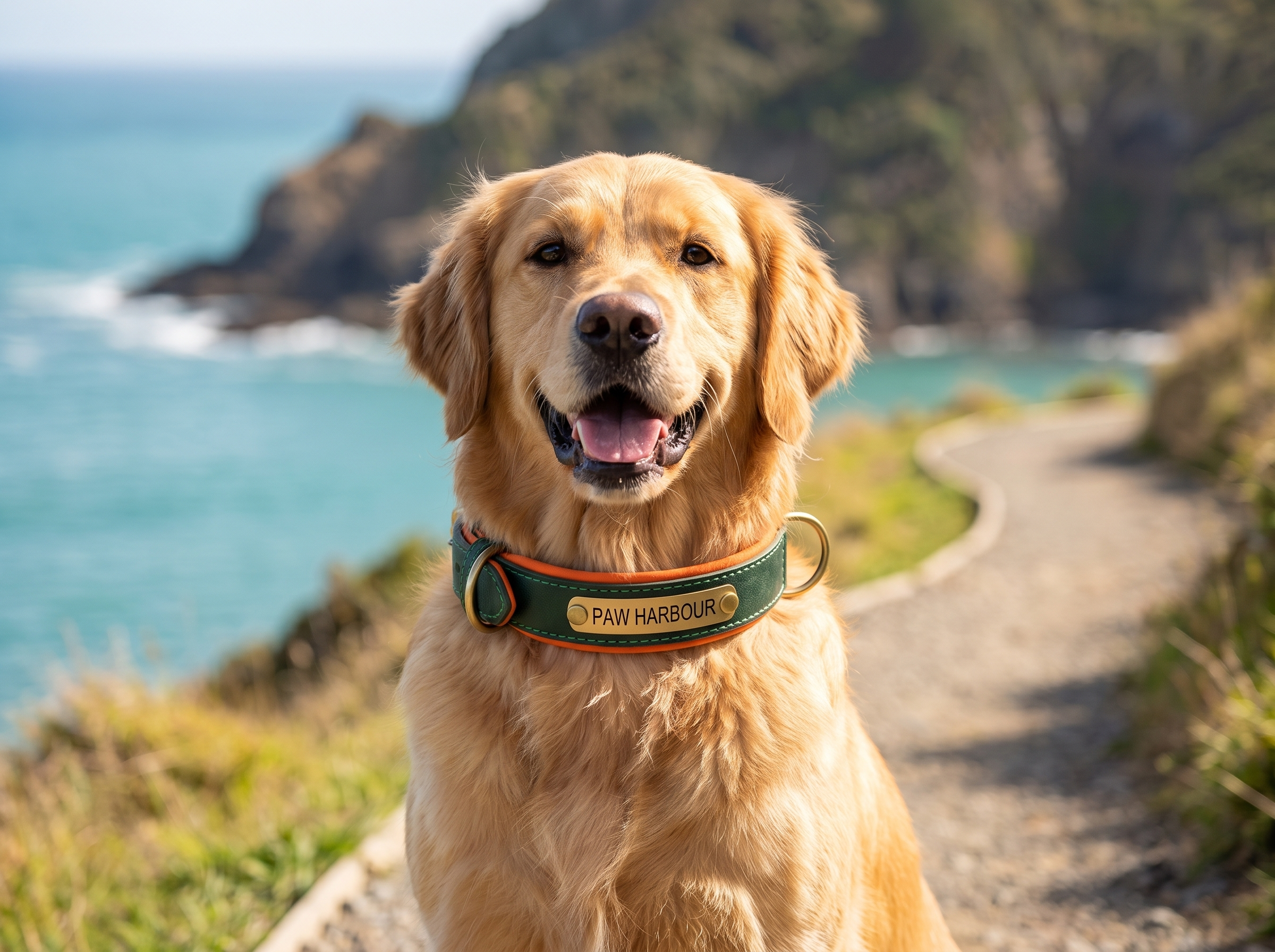 Golden retriever on a coastal track wearing the green personalised padded leather collar