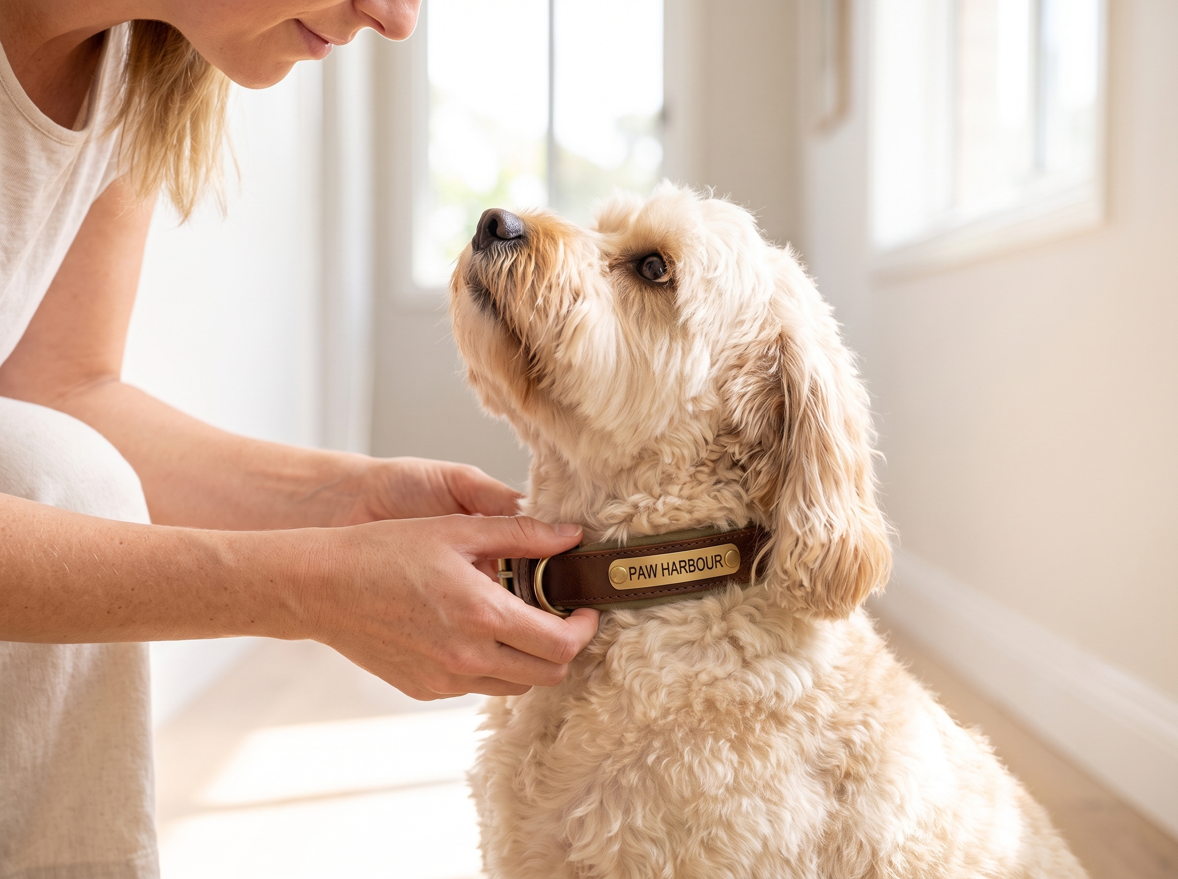 Owner fastening the brown personalised padded leather collar on a cavoodle