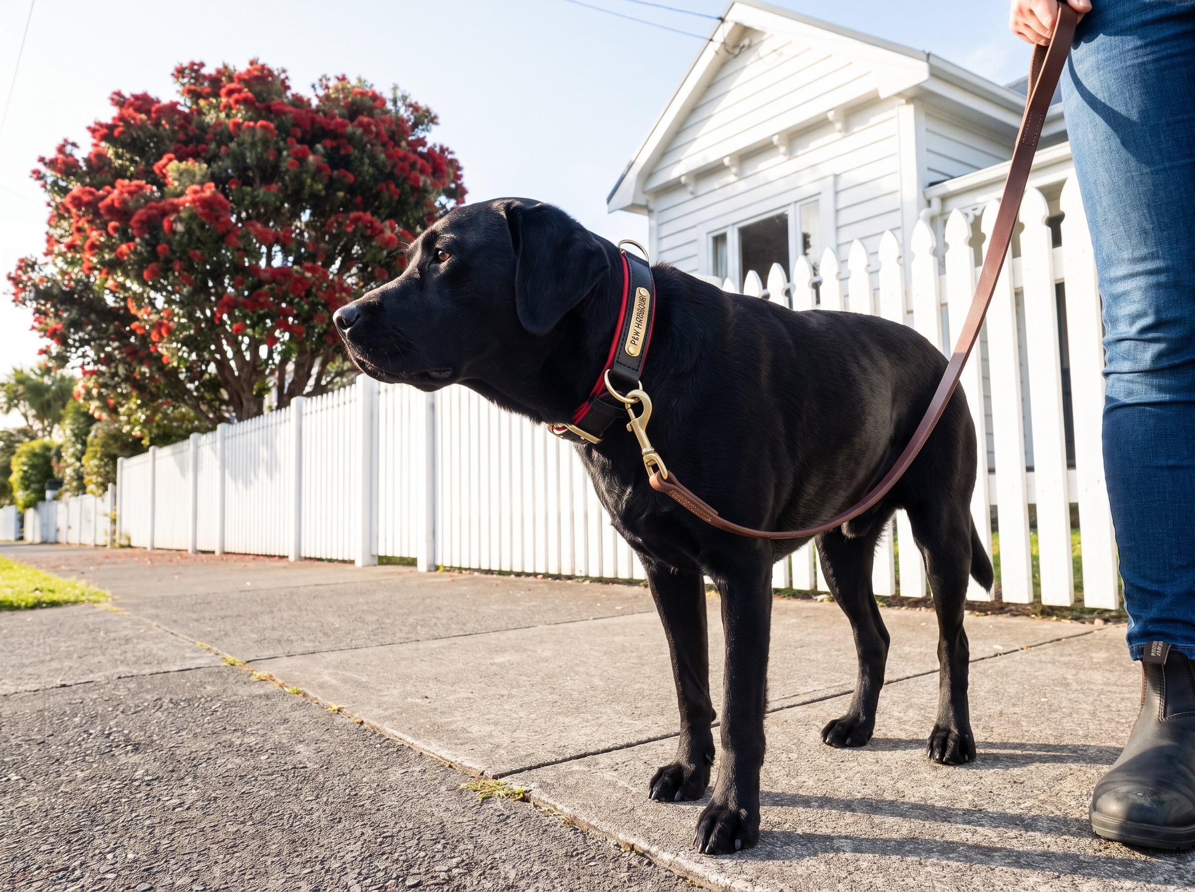 Black labrador on a lead wearing the black personalised padded leather collar