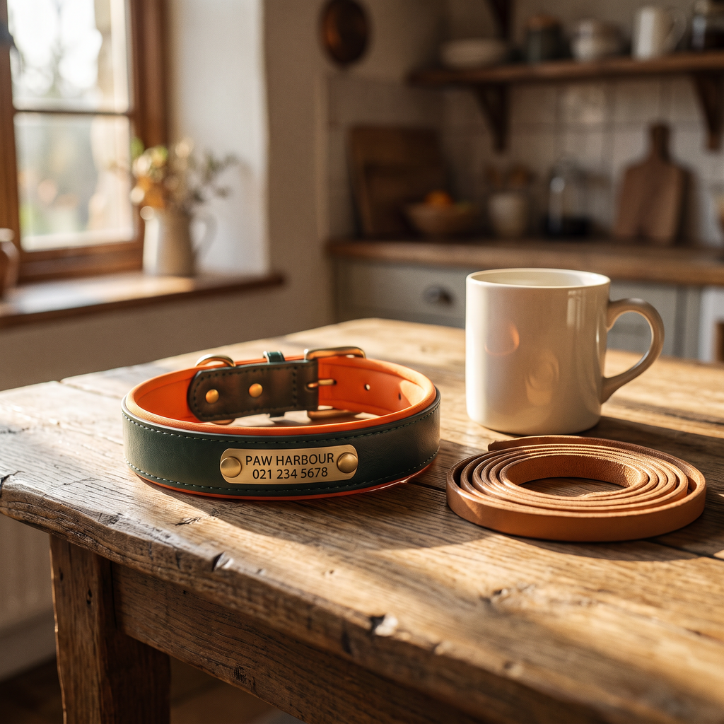 Green personalised padded leather dog collar with engraved nameplate on a kitchen table