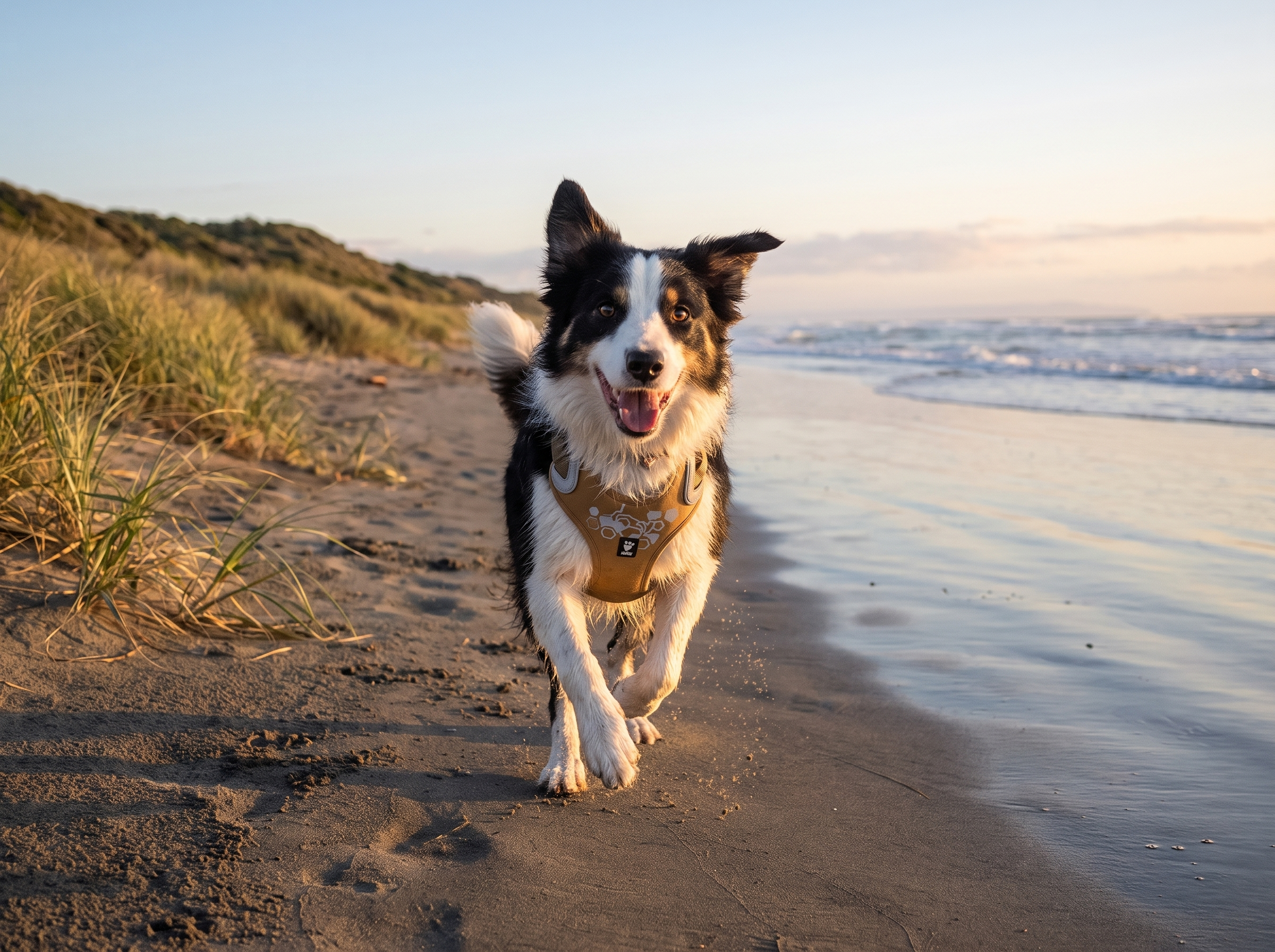 Border collie running along a beach in the Hurtta Weekend Warrior harness in Desert