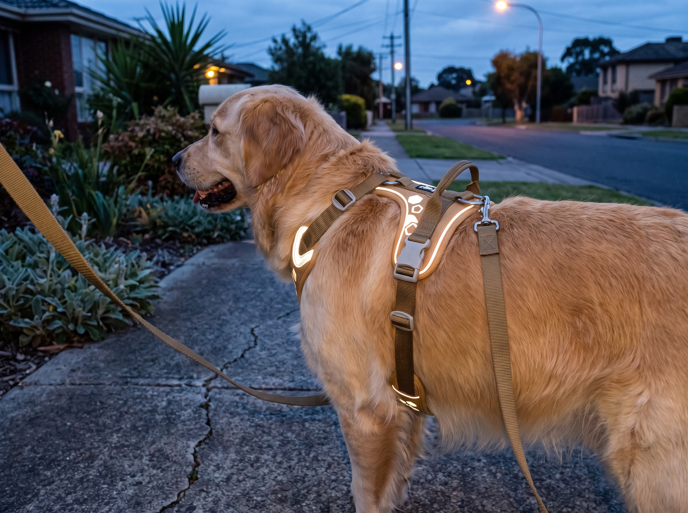 Golden retriever at dusk with the reflective details on the Hurtta Weekend Warrior harness lit up