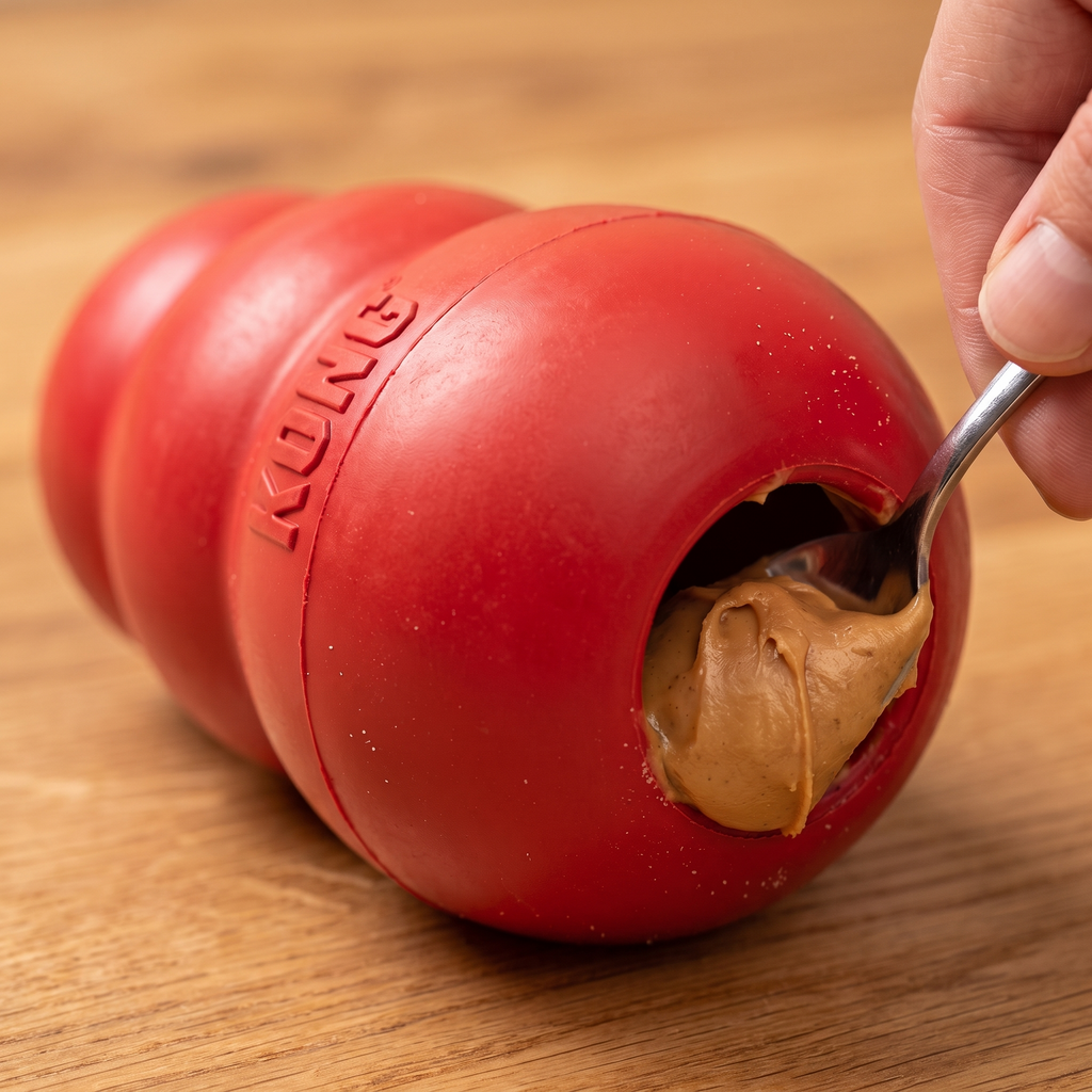 Peanut butter being spooned into the hollow of a red KONG Classic