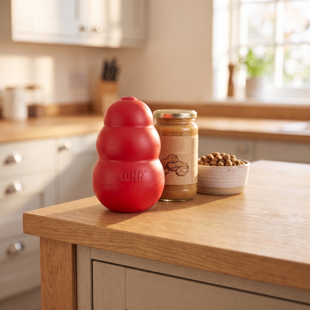 Red KONG Classic on a kitchen bench with peanut butter and kibble