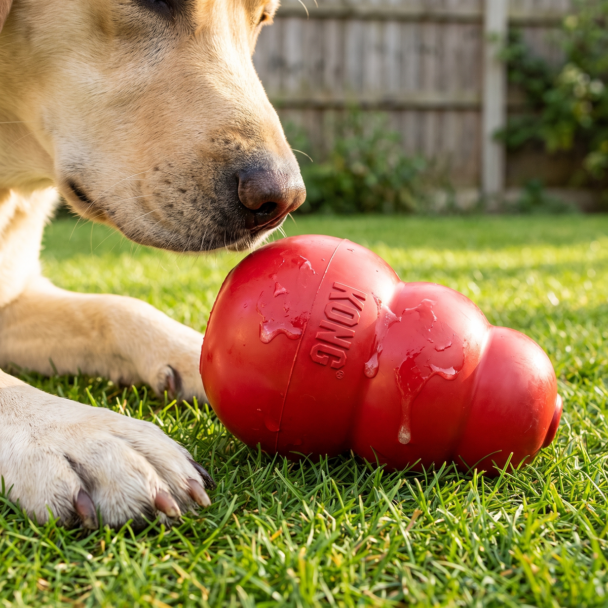 Red KONG Classic on the lawn with a Labrador sniffing towards it