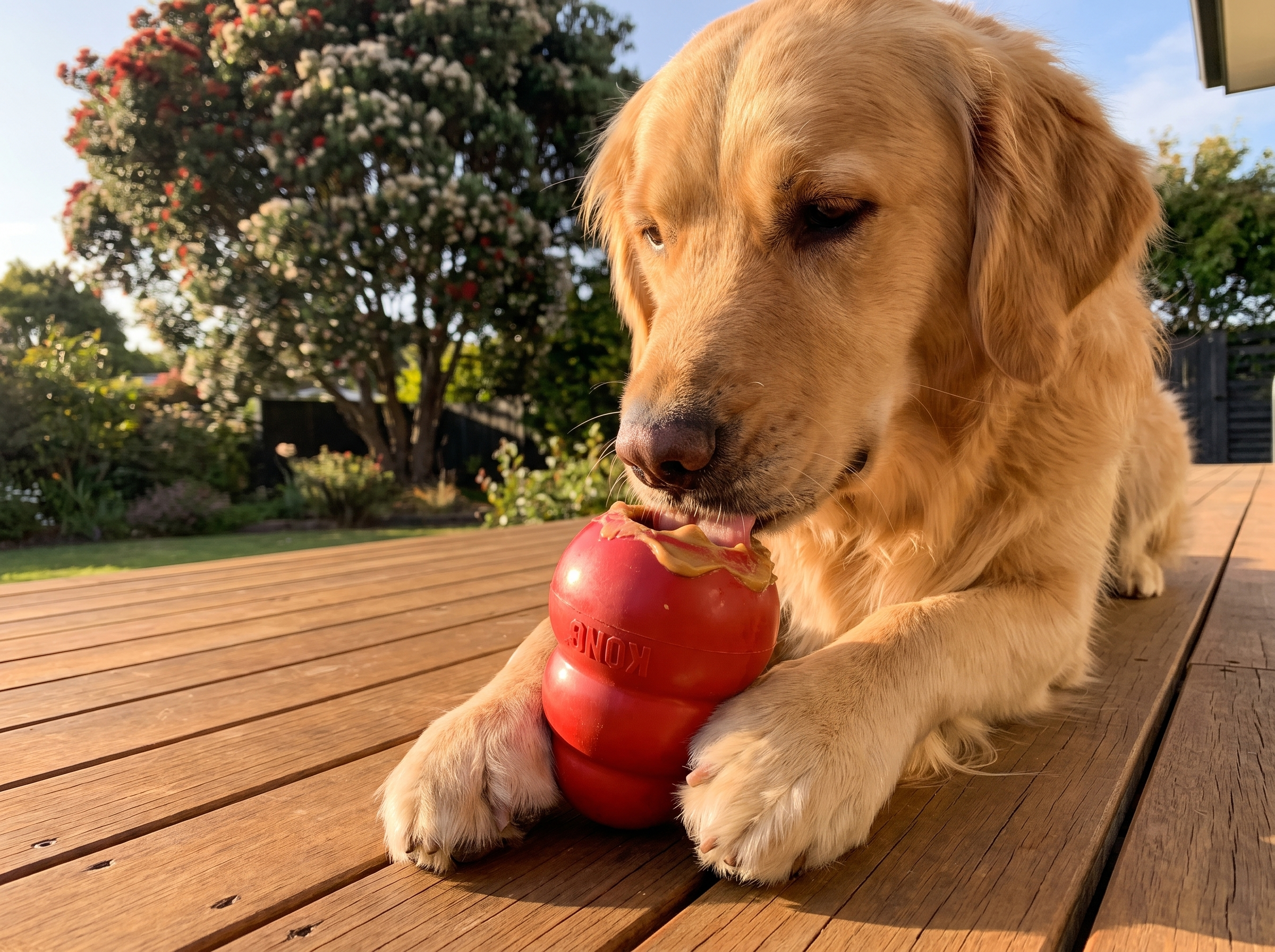 Golden retriever on a deck licking peanut butter out of a red KONG Classic