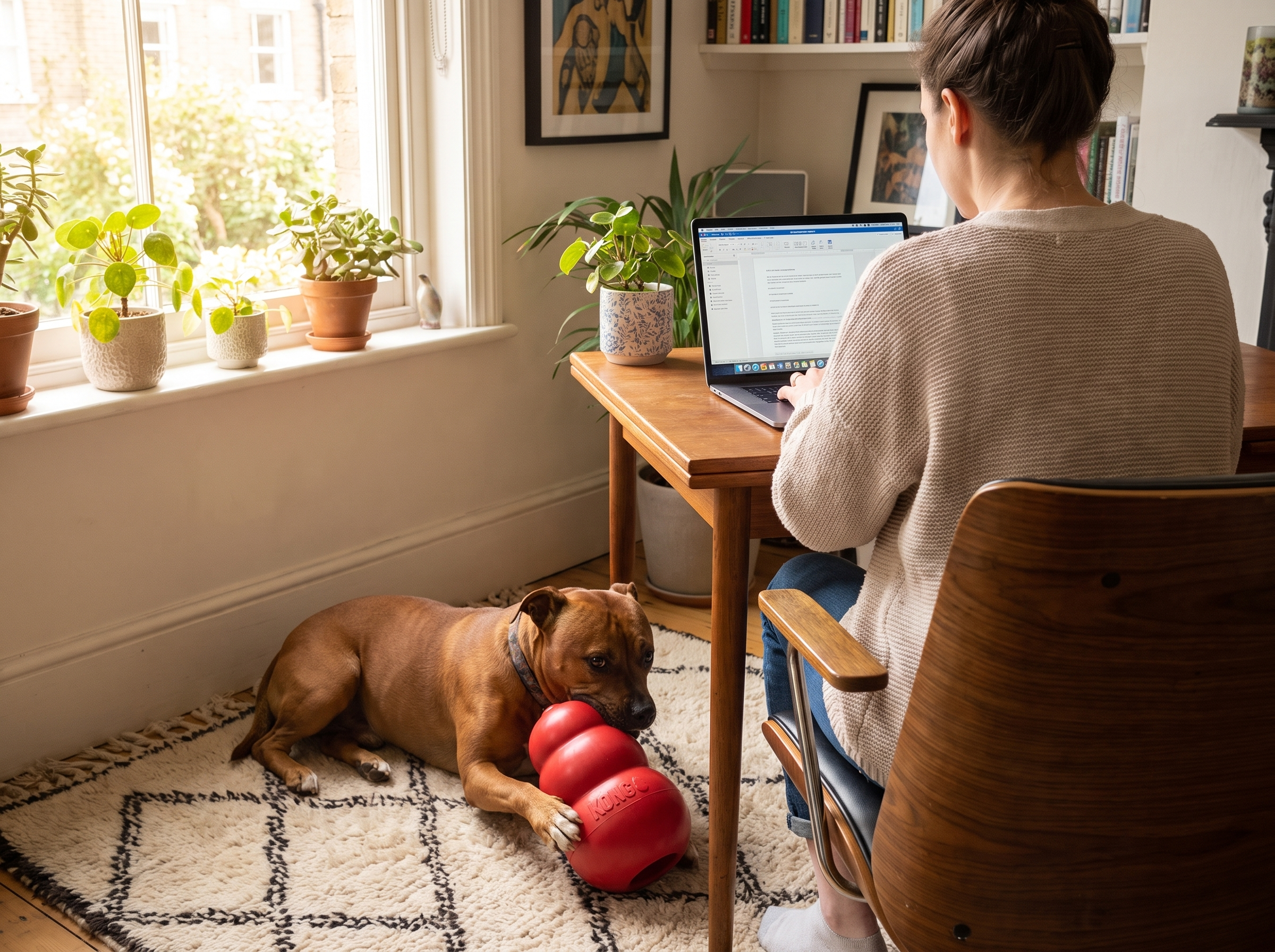 Staffy chewing a red KONG Classic on a rug beside its owner working at a desk