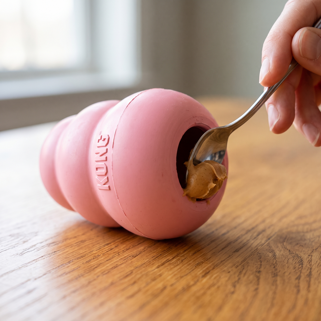 Peanut butter being spooned into a pink KONG Puppy on a wooden table
