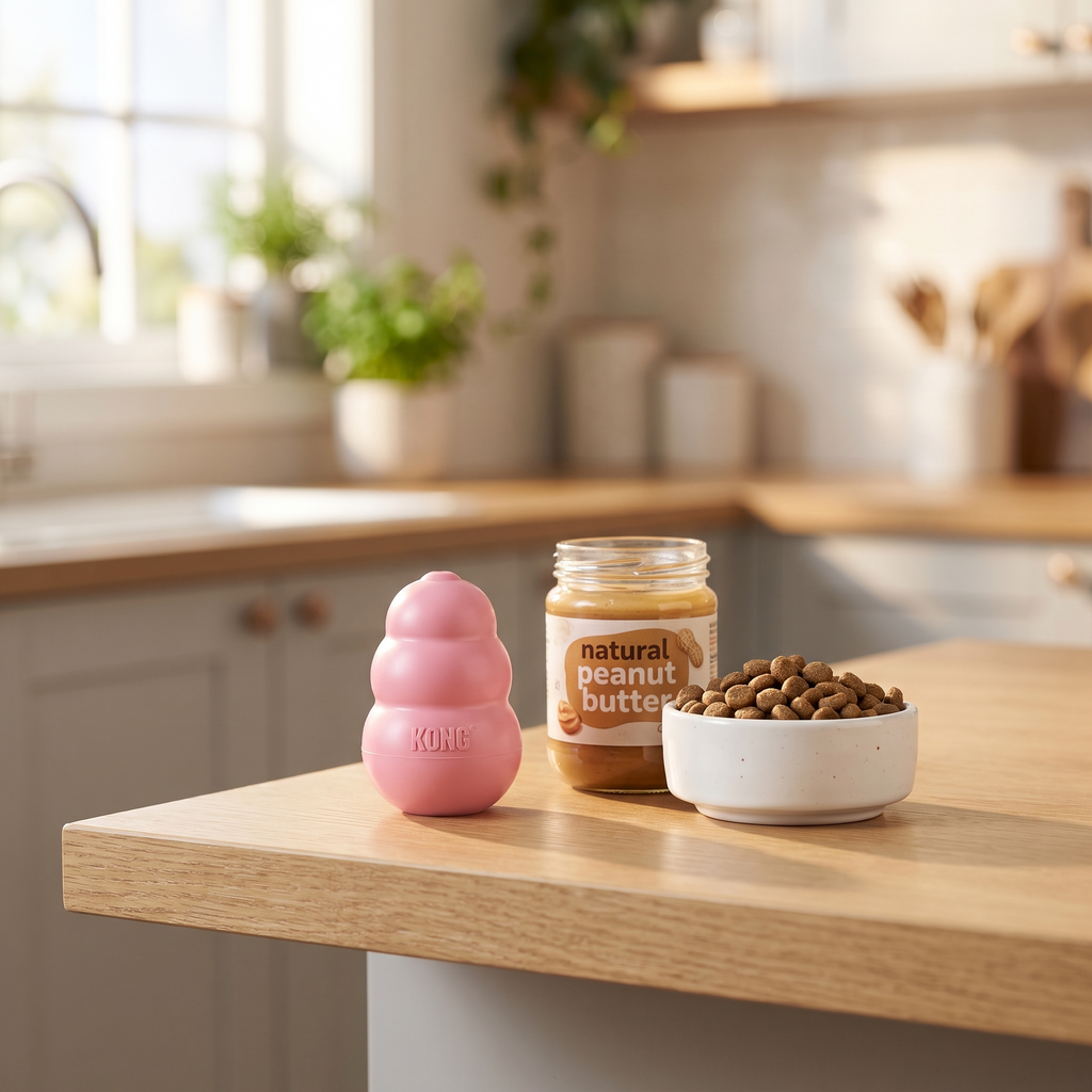 Pink KONG Puppy on a kitchen bench with peanut butter and puppy kibble