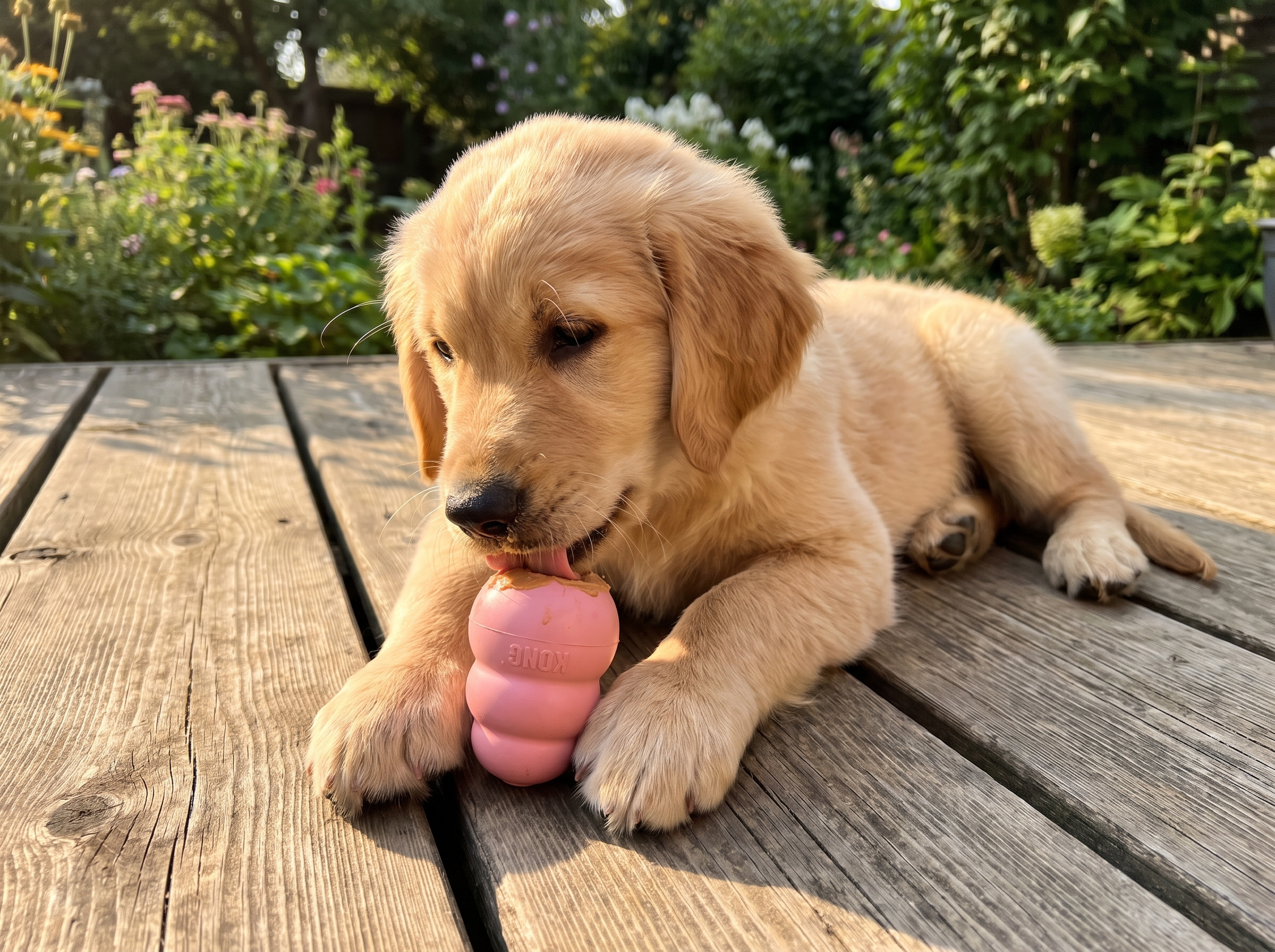 Golden retriever puppy licking peanut butter out of a pink KONG Puppy on a deck