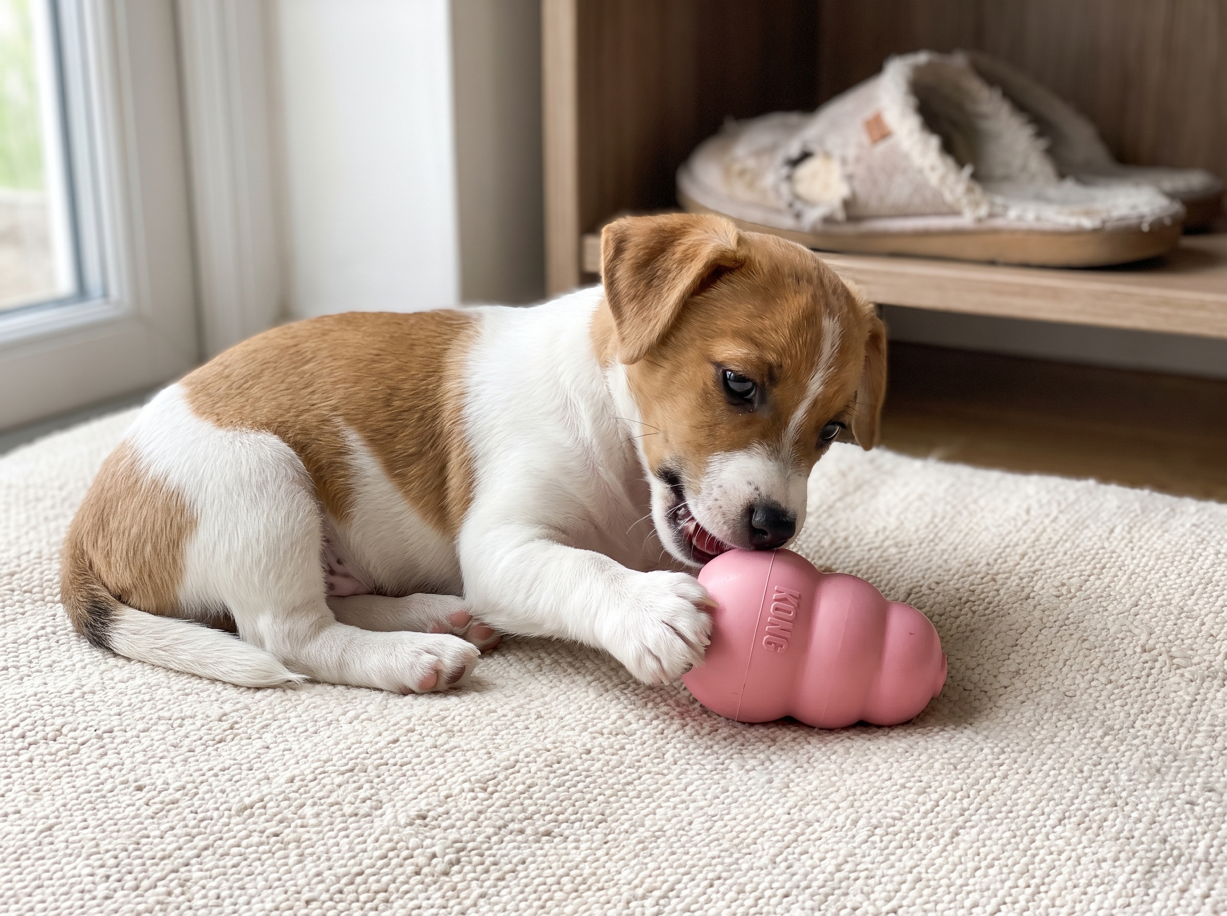 Jack russell puppy chewing a pink KONG Puppy on a lounge rug