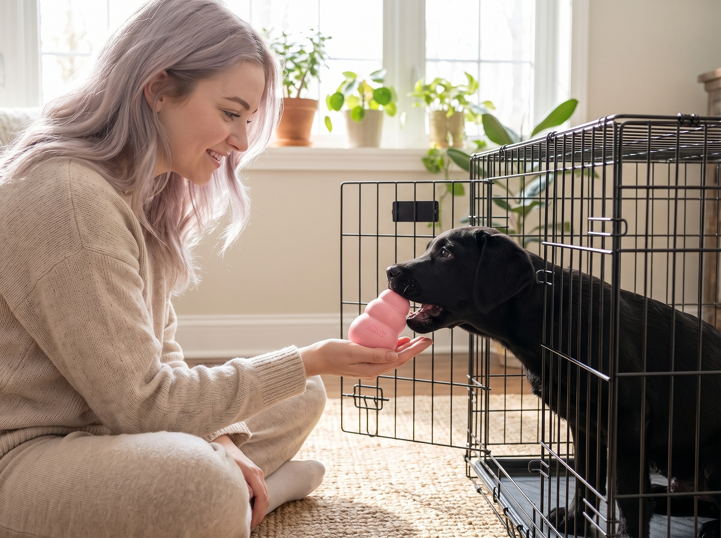 Owner handing a pink KONG Puppy to a black labrador puppy in a crate
