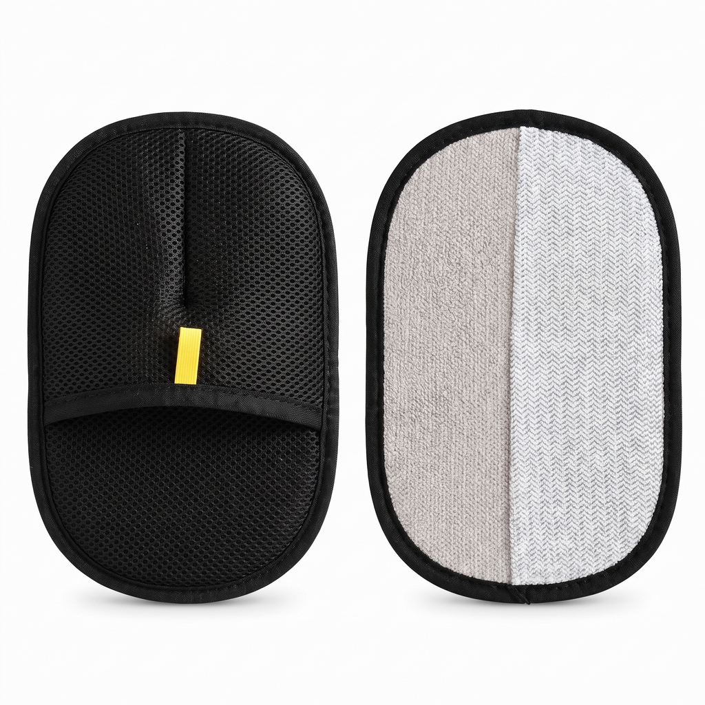 Pet hair removal mitt showing the mesh back and textured microfibre face