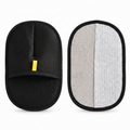 Pet hair removal mitt showing the mesh back and textured microfibre face