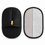 Pet hair removal mitt showing the mesh back and textured microfibre face