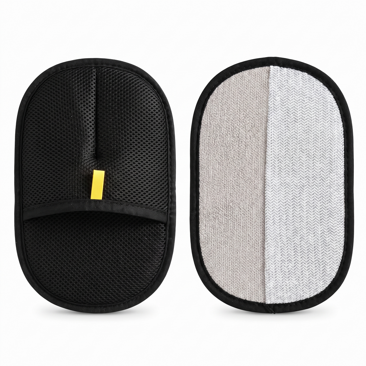 Pet hair removal mitt showing the mesh back and textured microfibre face