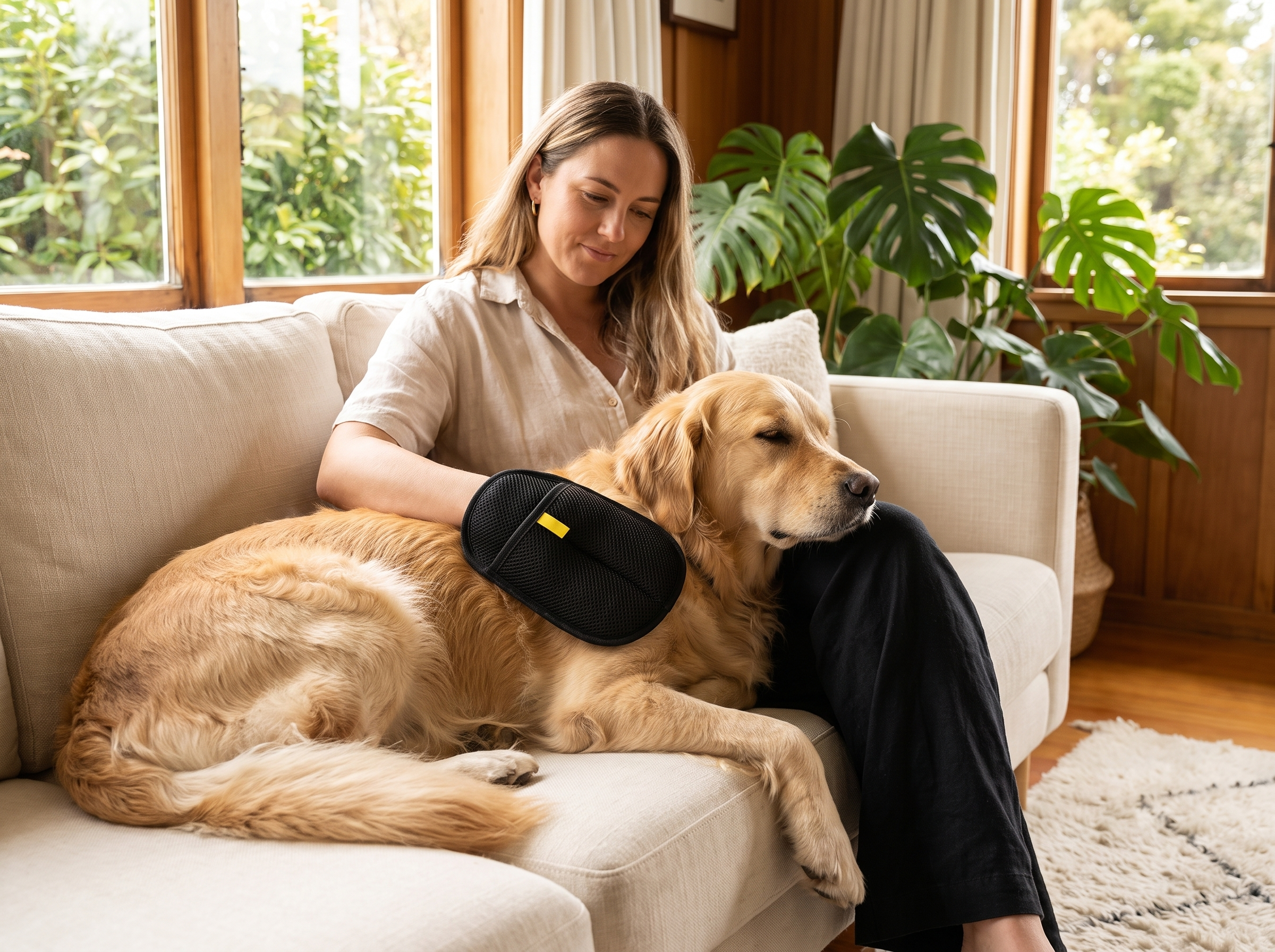 Woman stroking a golden retriever on a sofa with the pet hair removal mitt