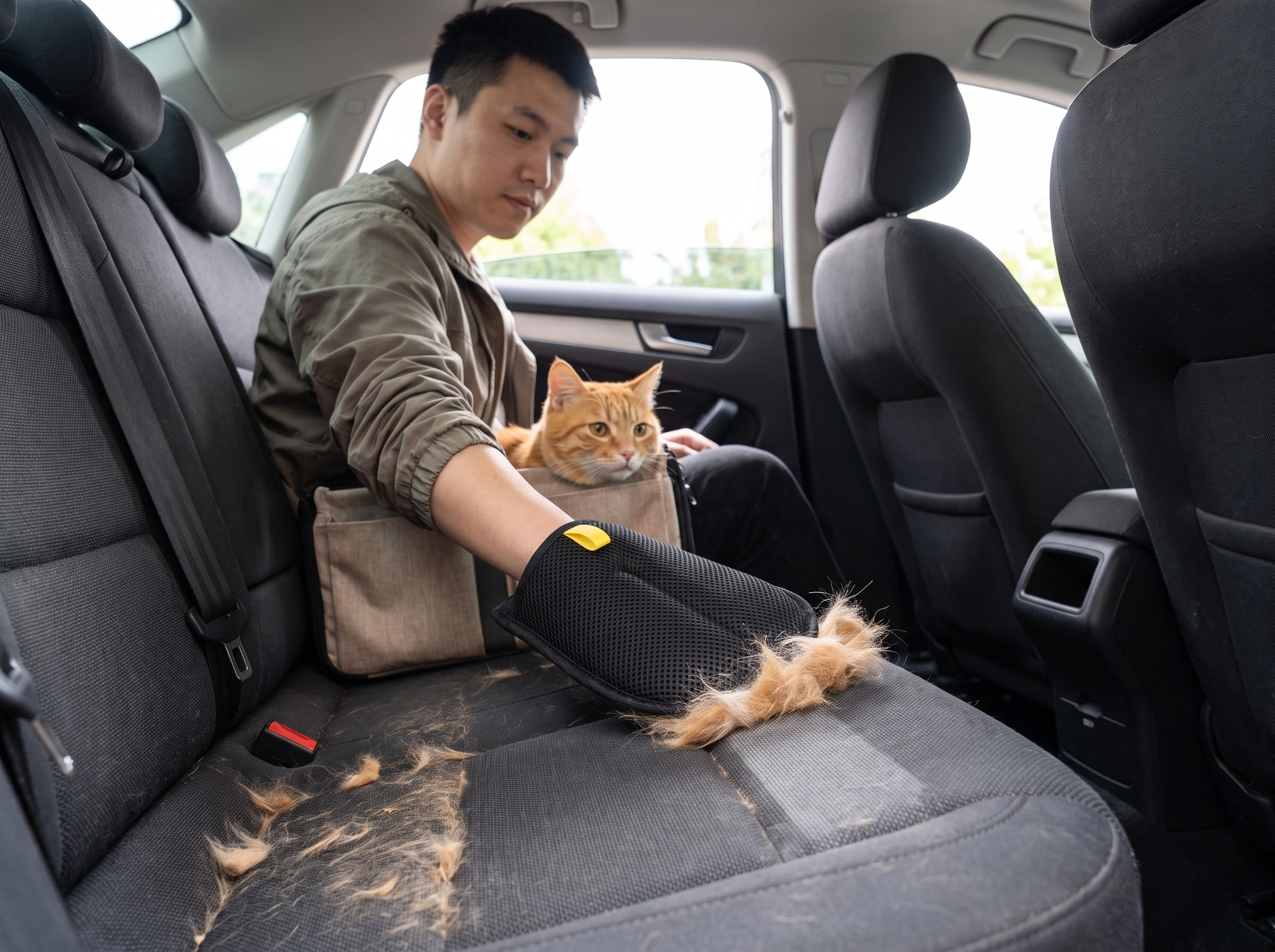 Man removing cat hair from a car seat with the pet hair removal mitt