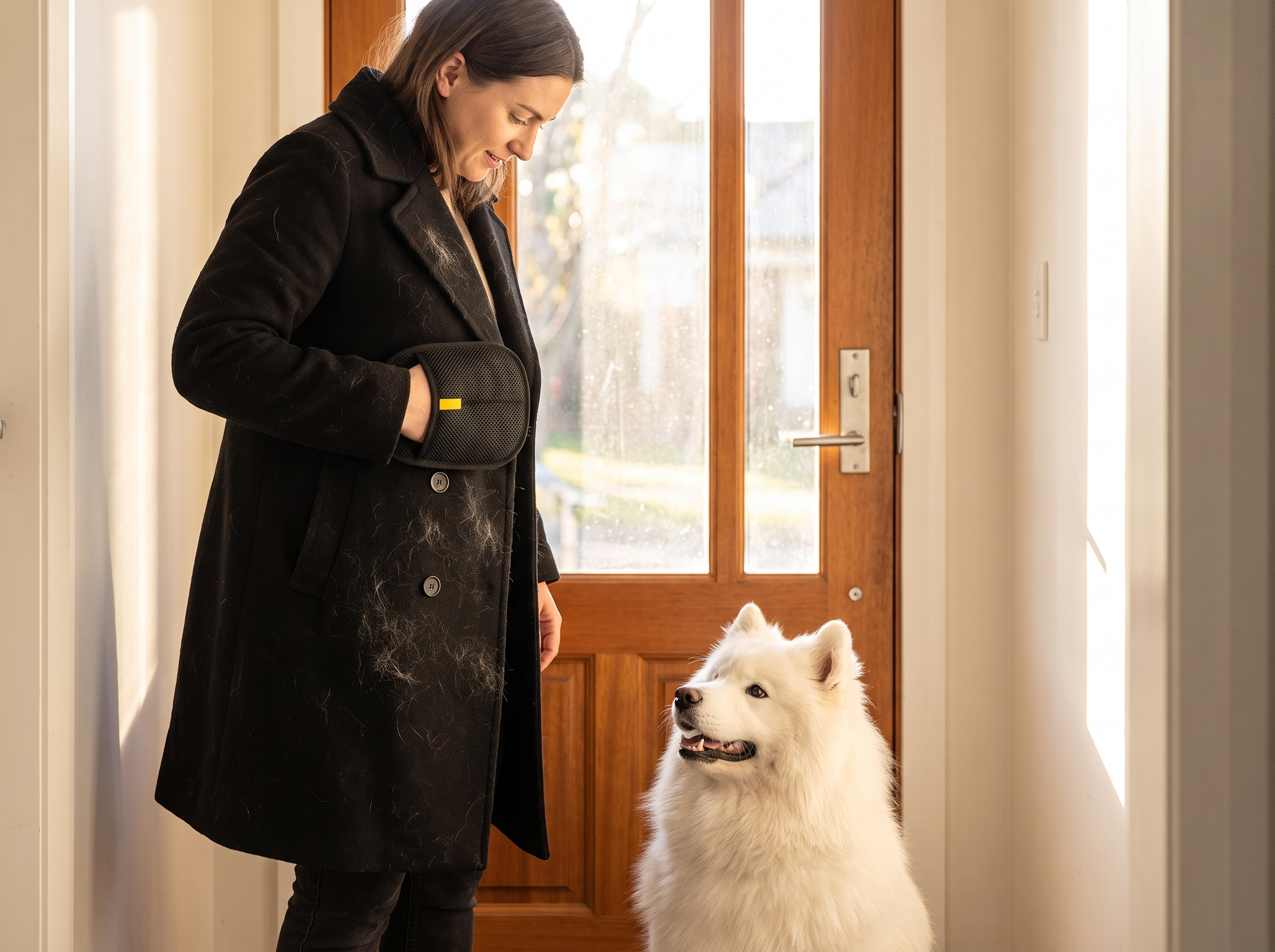 Woman brushing dog hair off her coat with the pet hair removal mitt while a samoyed watches
