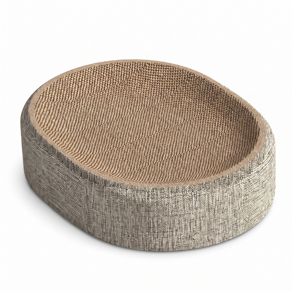 Oval sisal cat scratcher bed with grey linen outer, three quarter view