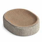 Oval sisal cat scratcher bed with grey linen outer, three quarter view